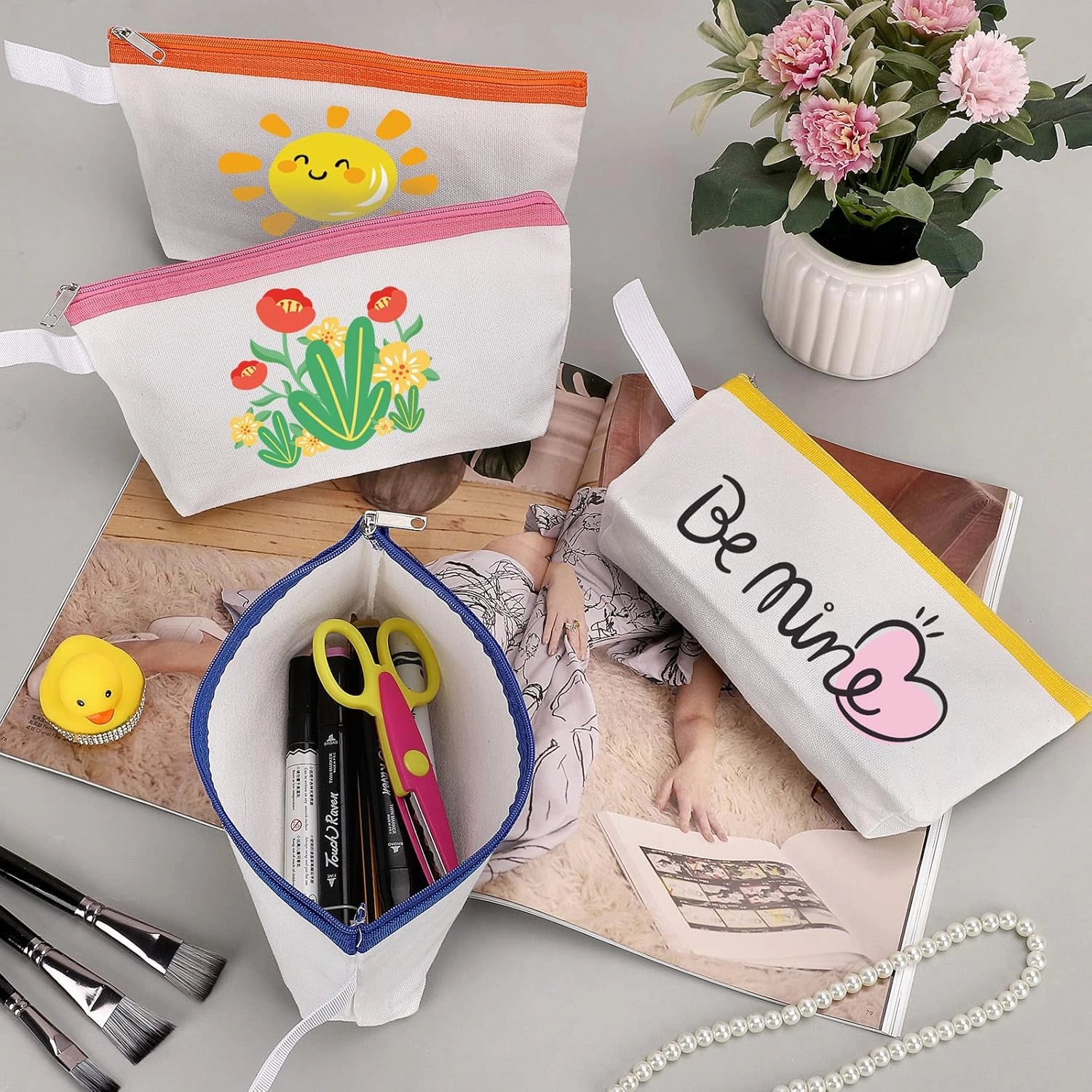 10 Pieces Cotton Canvas Makeup Bag with Bottom and Strap, Multi-Purpose Cosmetic Bag with Zipper Travel Toiletry Pouch, Blank DIY Craft Bag (Multicolor 01, S)