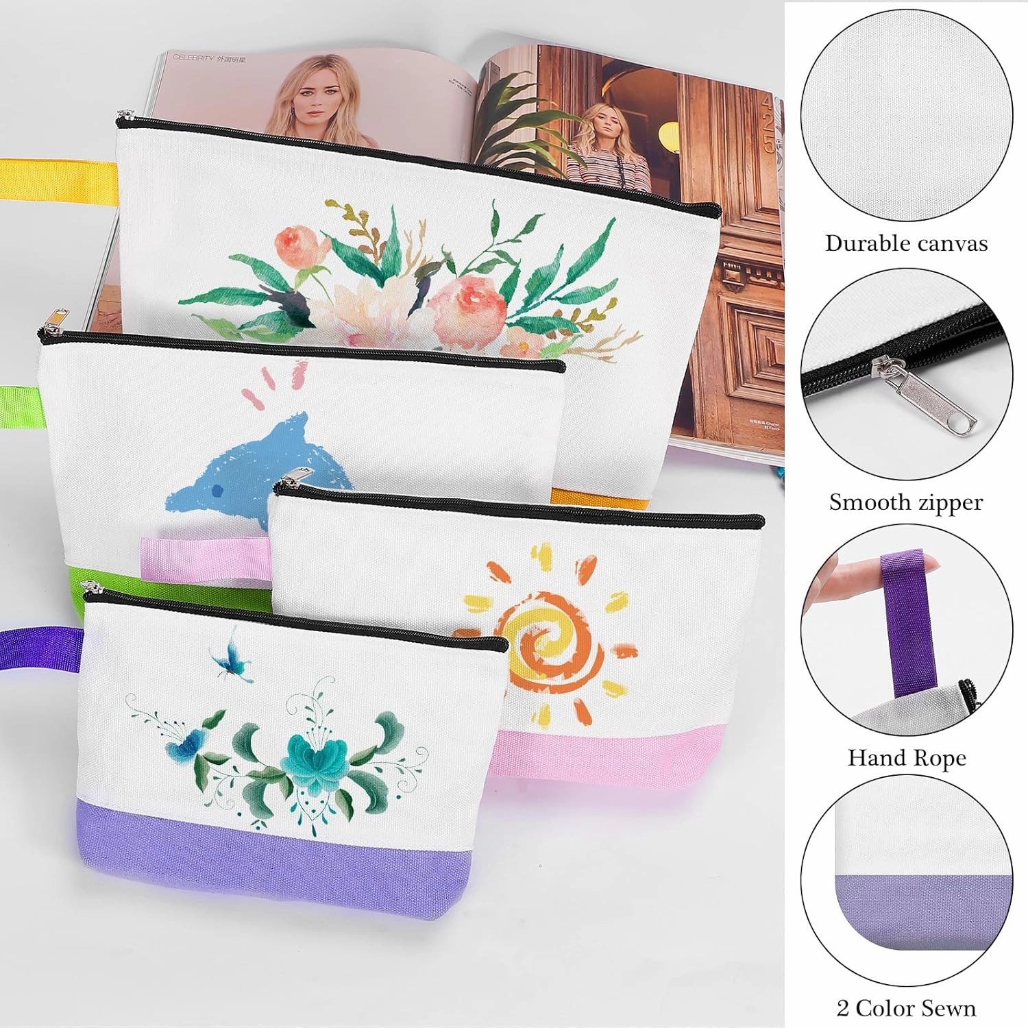 10 Pieces Cotton Canvas Makeup Bag with Bottom and Strap, Multi-Purpose Cosmetic Bag with Zipper Travel Toiletry Pouch, Blank DIY Craft Bag (Multicolor 03, S)