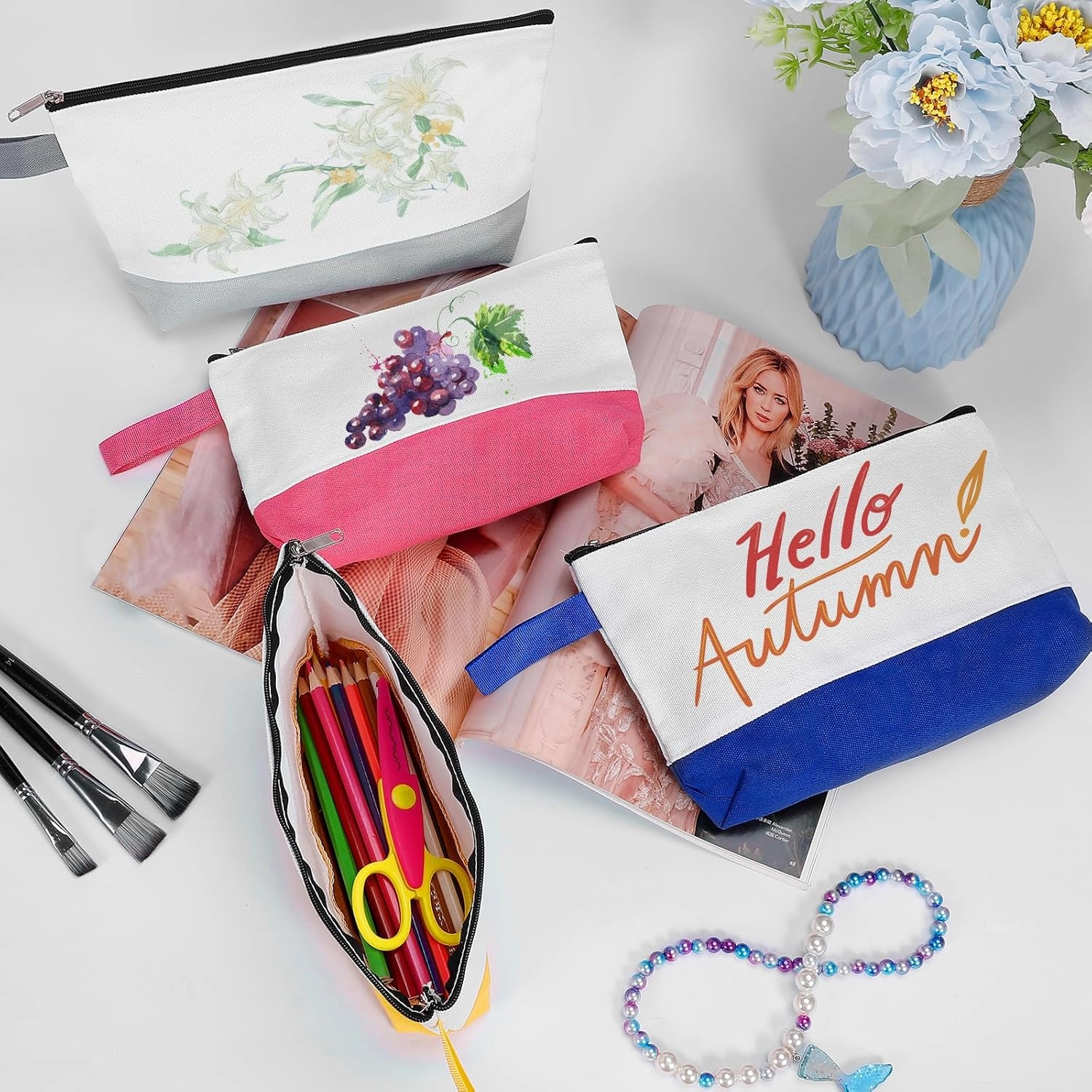 10 Pieces Cotton Canvas Makeup Bag with Bottom and Strap, Multi-Purpose Cosmetic Bag with Zipper Travel Toiletry Pouch, Blank DIY Craft Bag (Multicolor 03, S)
