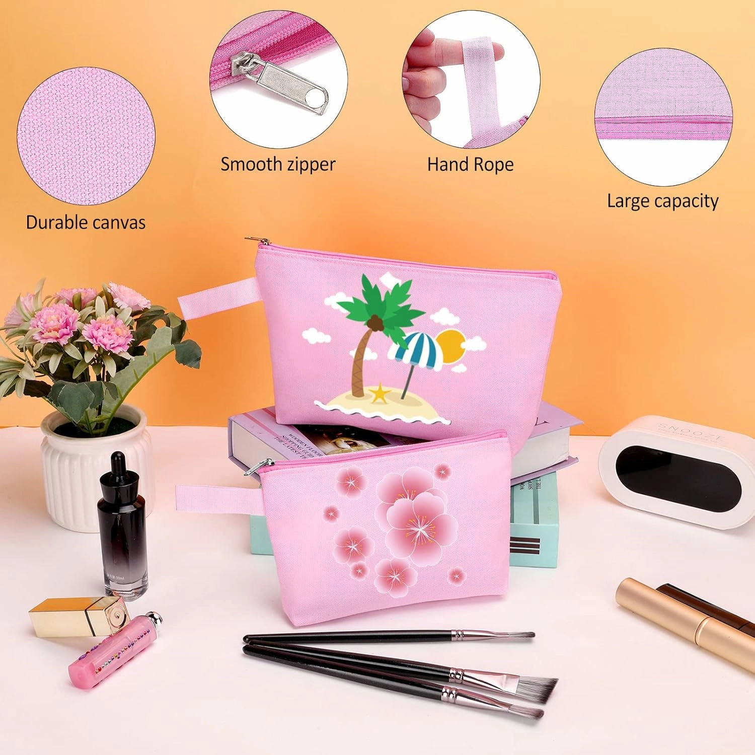 10 Pieces Cotton Canvas Makeup Bag with Bottom and Strap, Multi-Purpose Cosmetic Bag with Zipper Travel Toiletry Pouch, Blank DIY Craft Bag Pencil Bag (Pink, M) (MN-WB07)
