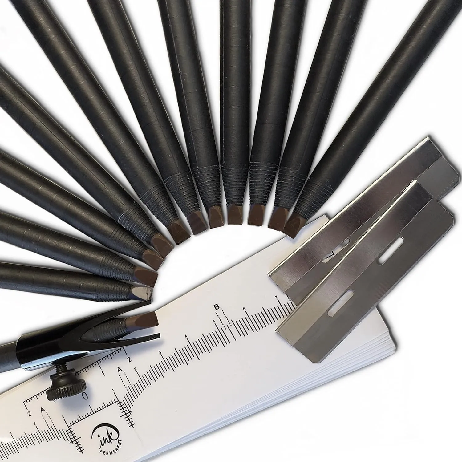 [12 Pack] Eyebrow & Microblading Pencil, Brow Mapping Kit for Microblading, Permanent Makeup with Eyebrow Pencil Sharpener - Brow Shaper and 10 Ruler (Dark Brown)