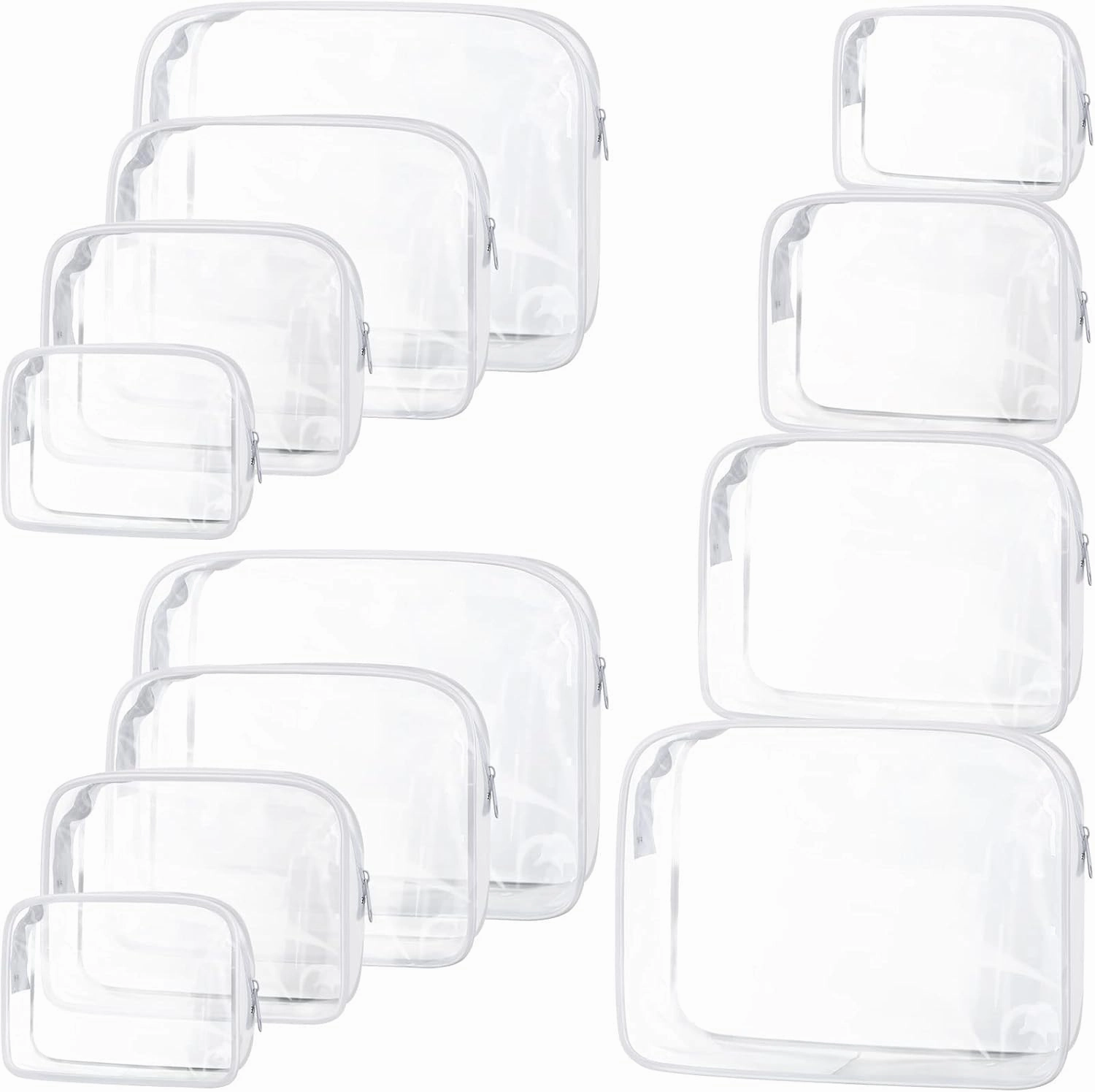 12 Pack Clear Cosmetic Bag Zippered Travel Toiletry Bags Transparent Makeup Pouch Portable PVC Waterproof Organizer 4 Sizes Plastic Carry Pouch for Women Men Travel Home Bathroom, White