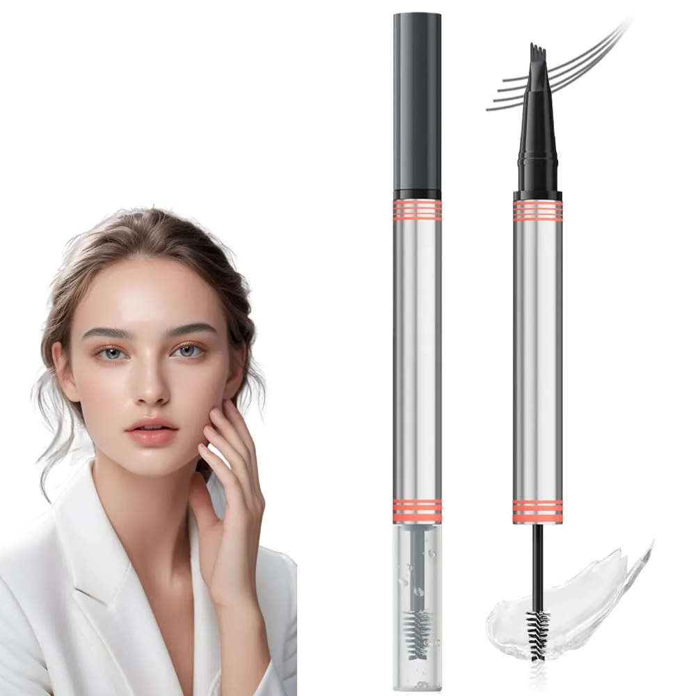 2-in-1 Eyebrow Pencil with Gel,2 PCS Waterproof Magic Eyebrow Pen,Dual-Ended 3D Microblading Eyebrow Pen with 4 Tip & Eyebrow Brush,Long-Lasting Natural Eyebrow Brush Tattoo Pencil (Grey)