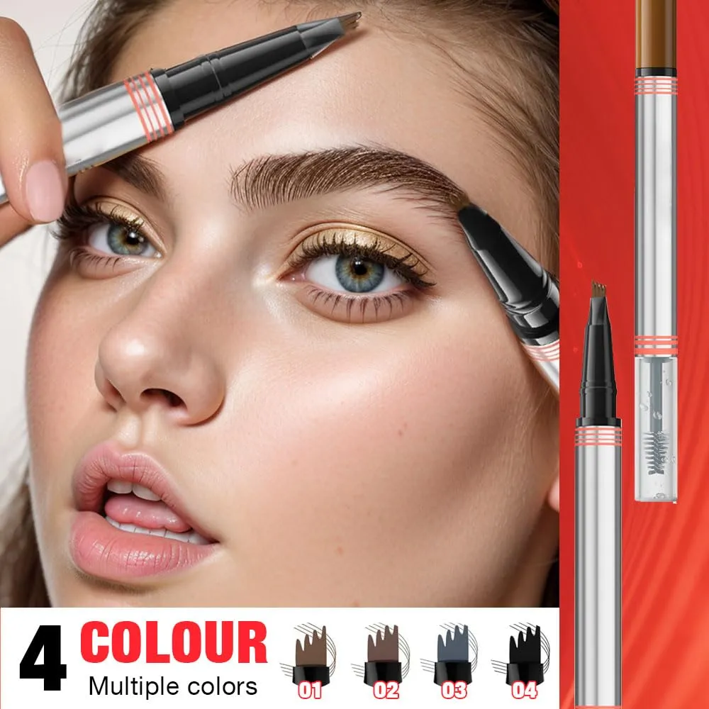2-in-1 Eyebrow Pencil with Gel,2 PCS Waterproof Magic Eyebrow Pen,Dual-Ended 3D Microblading Eyebrow Pen with 4 Tip & Eyebrow Brush,Long-Lasting Natural Eyebrow Brush Tattoo Pencil (Grey)
