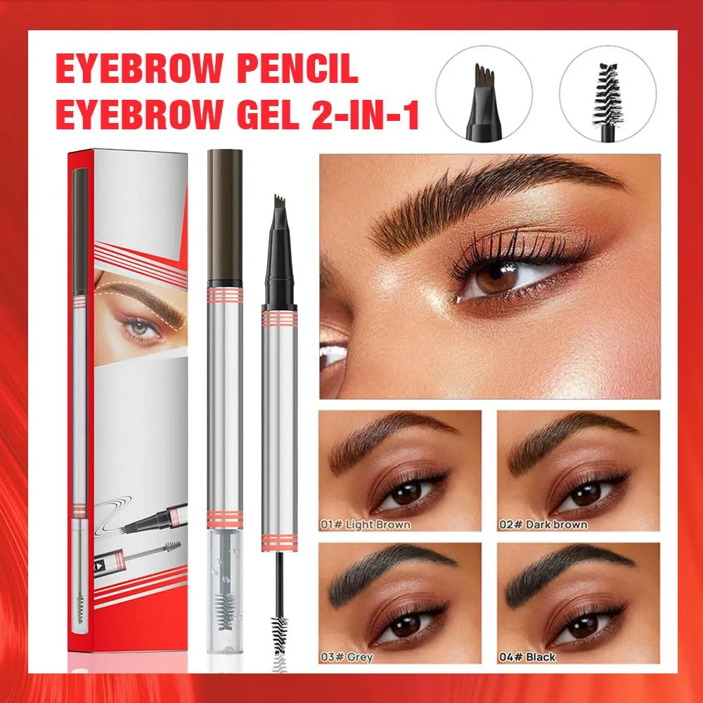 2-in-1 Eyebrow Pencil with Gel,2 PCS Waterproof Magic Eyebrow Pen,Dual-Ended 3D Microblading Eyebrow Pen with 4 Tip & Eyebrow Brush,Long-Lasting Natural Eyebrow Brush Tattoo Pencil (Grey)