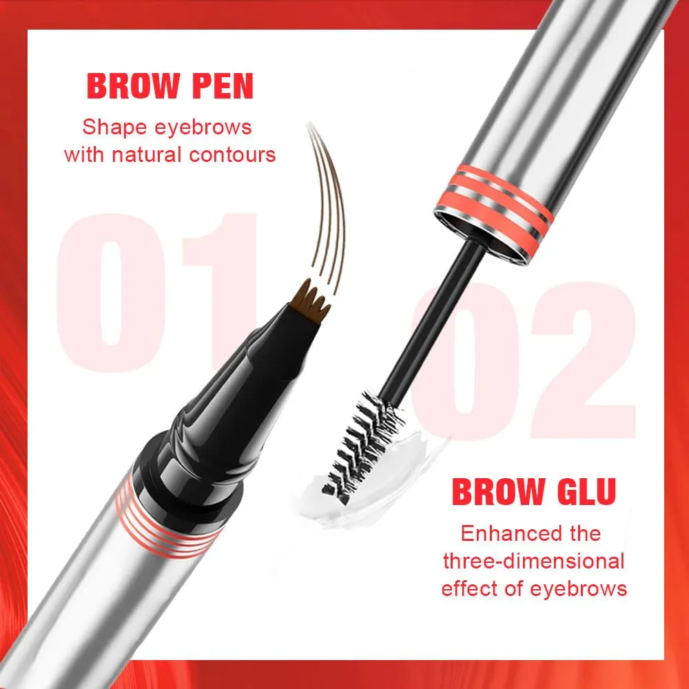 2-in-1 Eyebrow Pencil with Gel,2 PCS Waterproof Magic Eyebrow Pen,Dual-Ended 3D Microblading Eyebrow Pen with 4 Tip & Eyebrow Brush,Long-Lasting Natural Eyebrow Brush Tattoo Pencil (Grey)