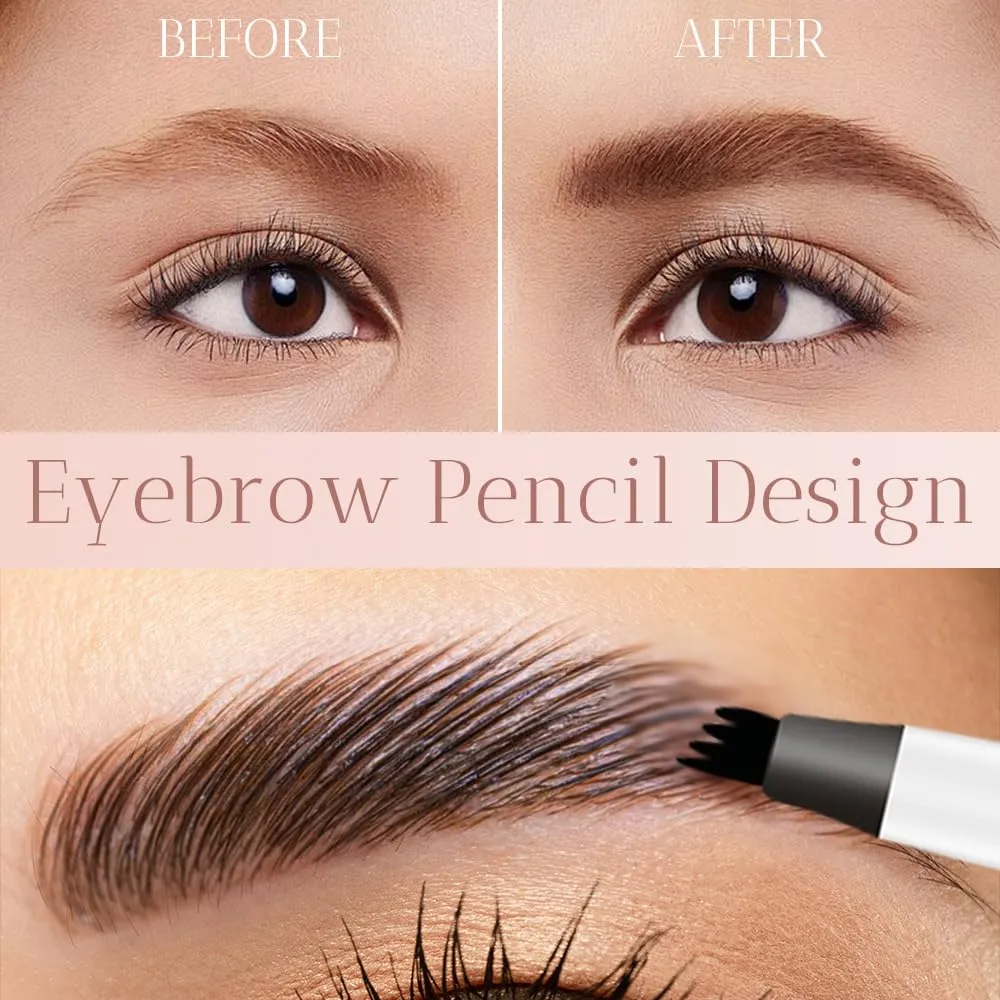 2 PCS Eyebrow Microblading Pen, 2025 New 3D Waterproof Magic Eyebrow Pencil 4 Tipped Precise Brow Pen, Long-Lasting Fine Stroke Microblade Eyebrow Pencil for Natural Makeup (Black)