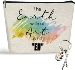 2 Pcs Makeup Artist Supplies Art Teacher Gifts Artist Gifts for Women, The Earth Without Art Is Just Eh Makeup Bag Gifts for Artists Art Lovers, Teacher Appreciation Gifts Makeup Bag Palette Keychain