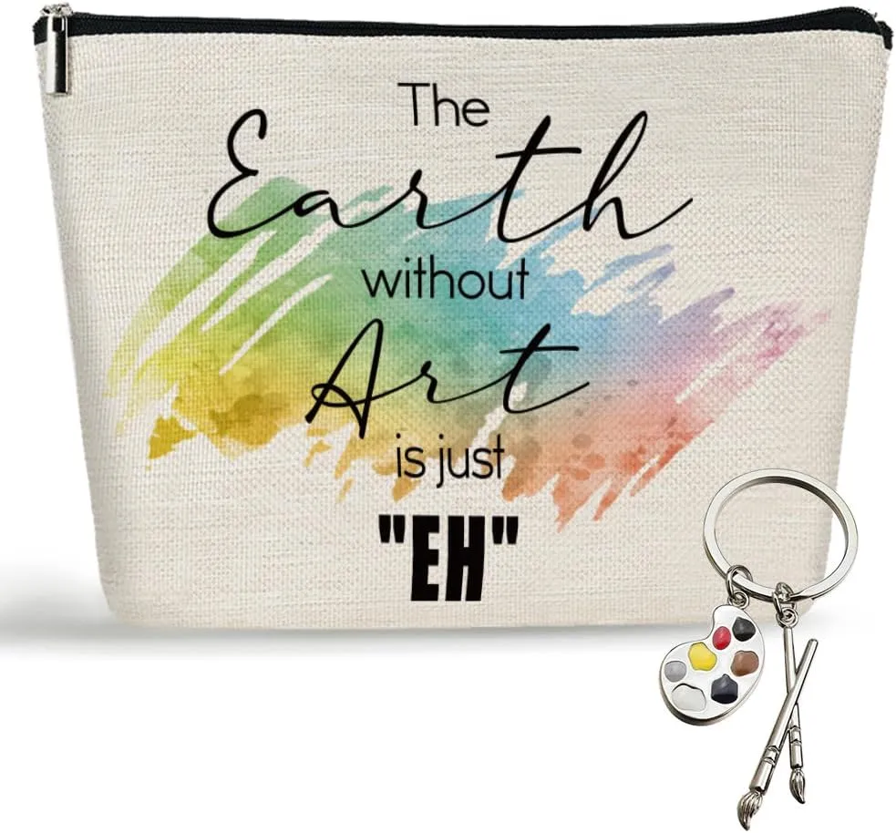 2 Pcs Makeup Artist Supplies Art Teacher Gifts Artist Gifts for Women, The Earth Without Art Is Just Eh Makeup Bag Gifts for Artists Art Lovers, Teacher Appreciation Gifts Makeup Bag Palette Keychain