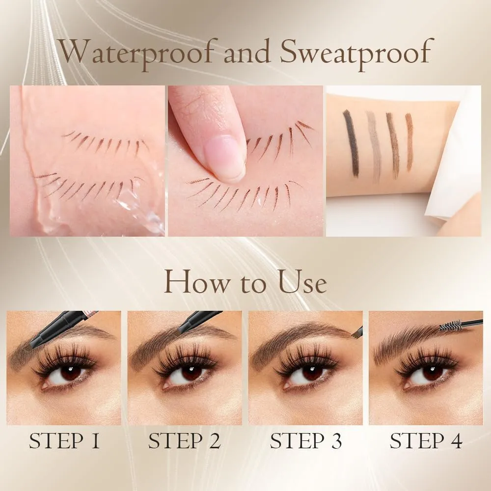 2024 New 2-in-1 Eyebrow Pencil with Gel,Waterproof Magic Eyebrow Pencil,Dual-Ended 3D Microblading Eyebrow Pen with 4 Tip & Eyebrow Brush, Makeup Long-Lasting Eyebrow Pen for Women (4 PCS)