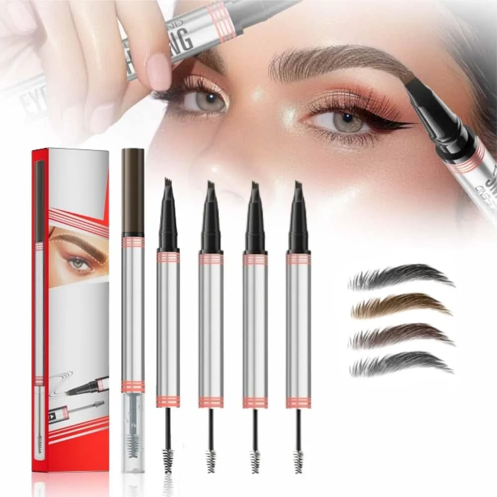 2024 New 2-in-1 Eyebrow Pencil with Gel,Waterproof Magic Eyebrow Pencil,Dual-Ended 3D Microblading Eyebrow Pen with 4 Tip & Eyebrow Brush, Makeup Long-Lasting Eyebrow Pen for Women (4 PCS)