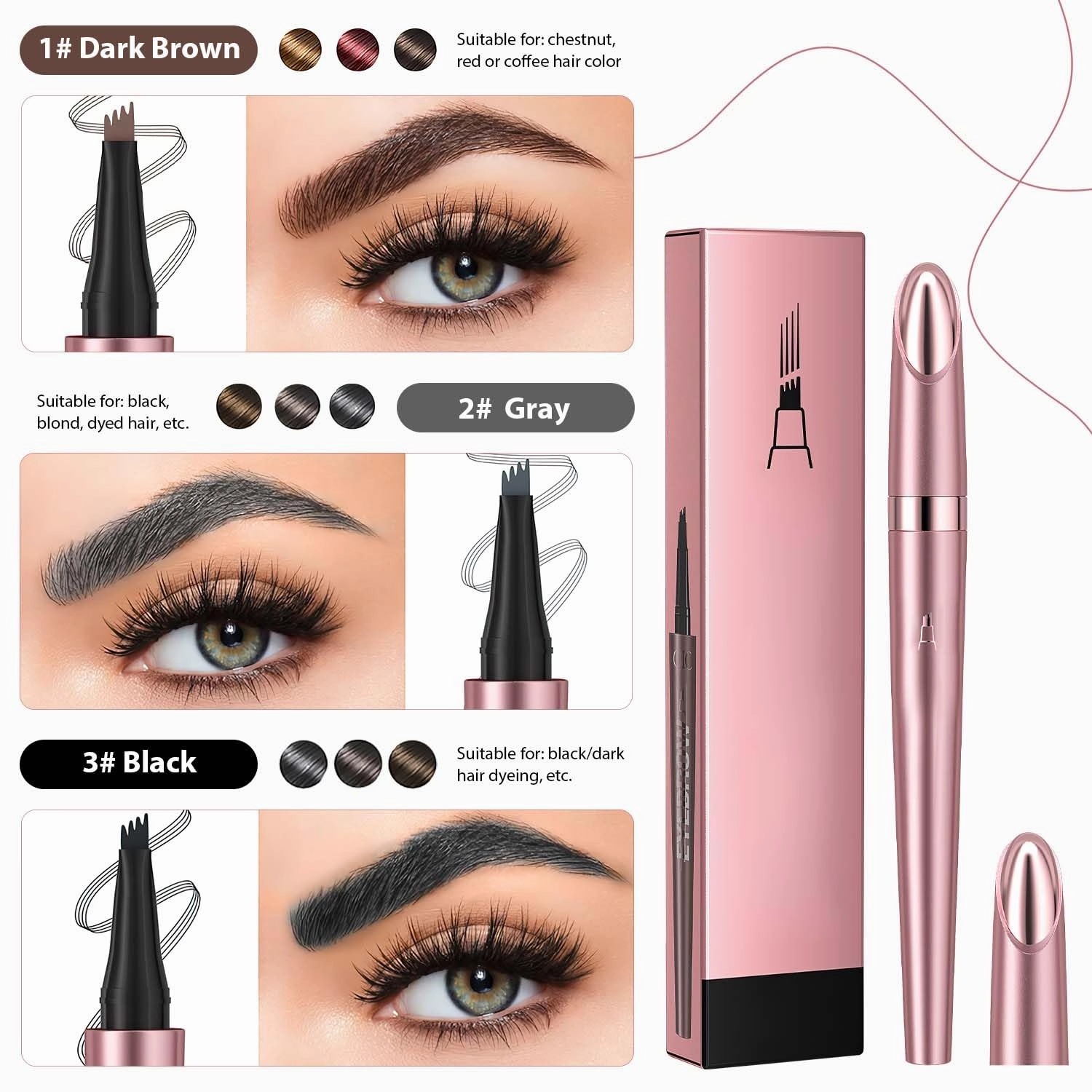 2024 New Magic Eyebrow Pencil, 3D Waterproof Microblading Eyebrow Pencil Contouring Pen, Long-Lasting Natural Fine Stroke Eyebrow Pencil with 4 Micro-Fork Tip for women Makeup (2, Black)