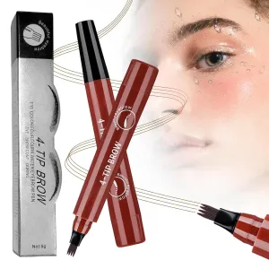 2025 New Microblading Eyebrow Pen, Waterproof Microblading Eyebrow Pencil, Eye Brow Pen with 4 Micro-Fork Tip, Natural Makeup Long-Lasting Fine Stroke Magic Eyebrows Pencil (Red Brown)
