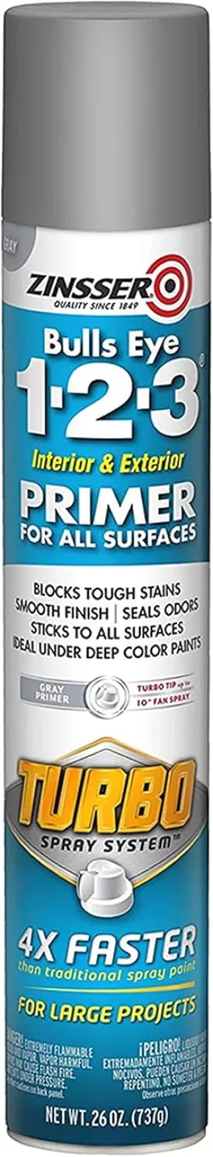 26 oz Zinsser 343748 Gray Bulls Eye 1-2-3 Interior and Exterior Primer Turbo Spray