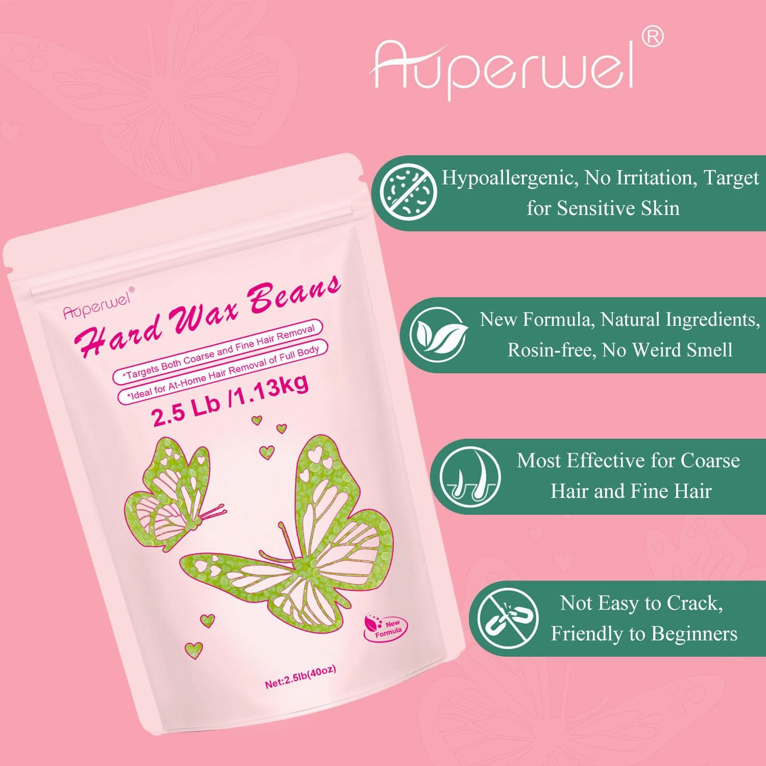 2.5lb/40oz Hard Wax Beans for Sensitive Skin - Large Bulk Refill for Waxing Brazilian, Bikini, Underarms, Face, Body with 20 Sticks (Aloe)