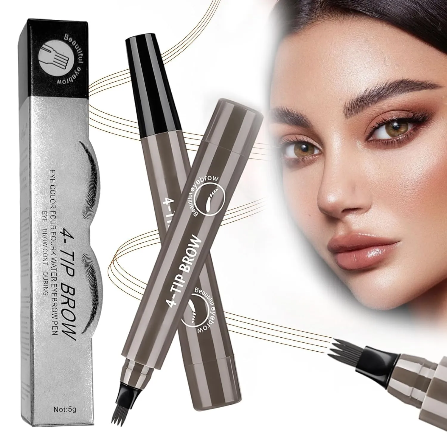 2PC Microblading Eyebrow Pencil, 2025 New Magic Liquid Eyebrow Pen,4 Tipped Waterproof Brow Pencil with Hair like Strokes Natural Long-Lasting Eyebrow Pen(04#Grayish Brown)