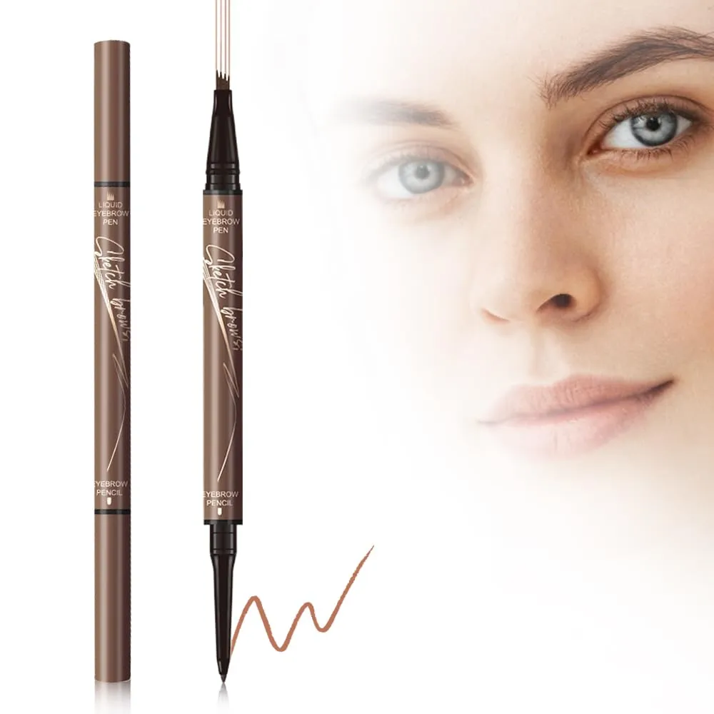 2PCS Microblading Eyebrow Pen, 2024 New 2 in 1 Dual Ended Eyebrow Pencils, Waterproof 3D Microblading 4 Fork Tip Eyebrow Pencil, Magic Eyebrow Pencil 4 Fork Tip for Natural (Brown)
