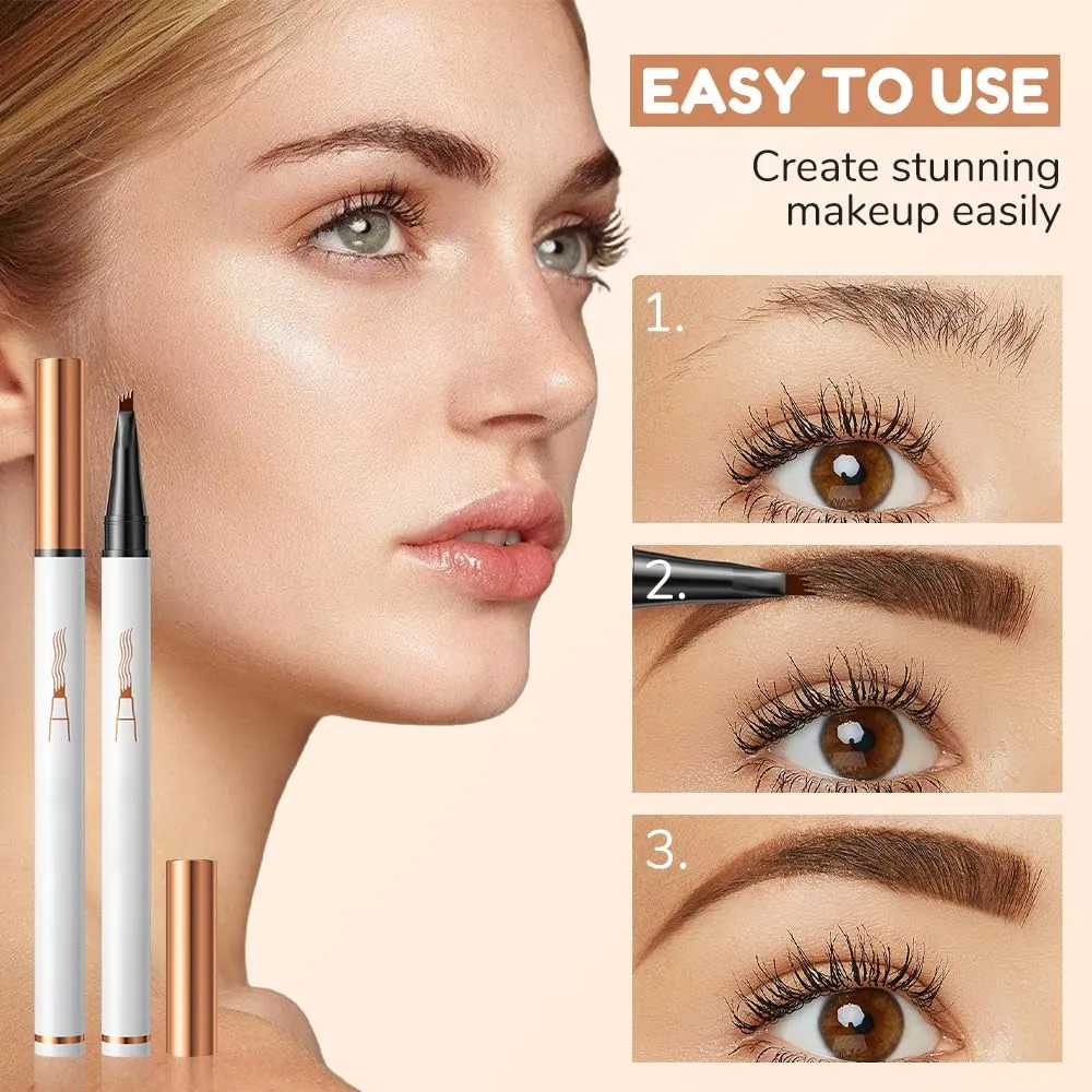 2PCS Waterproof 3D Eyebrow Pencil, Upgraded Microblading Eyebrow Pencil Contouring Pen 4 Tipped Brow Pen, Eye Brown Makeup Long-Lasting Eye brow Pens Stay on All Day for Women (Gray)