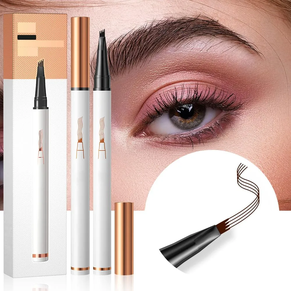 2PCS Waterproof 3D Eyebrow Pencil, Upgraded Microblading Eyebrow Pencil Contouring Pen 4 Tipped Brow Pen, Eye Brown Makeup Long-Lasting Eye brow Pens Stay on All Day for Women (Gray)
