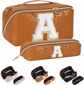 2Pcs Initial Makeup Bags for Women - Waterproof PU Leather Cosmetic Organizer, Large Capacity Open Flat Travel Set with Dividers & Handle, Personalized Birthday & festival Gift (Brown, A)