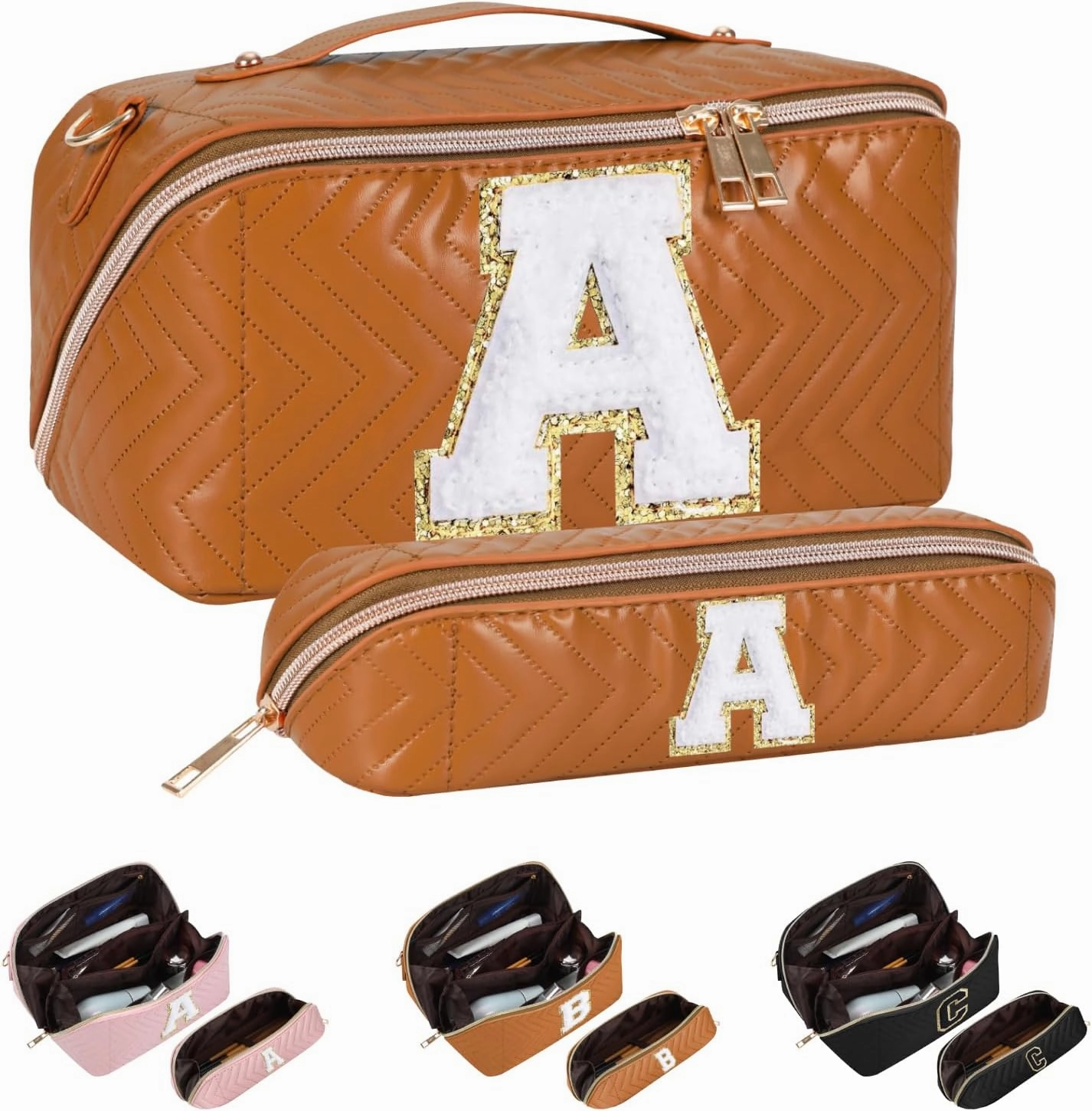 2Pcs Initial Makeup Bags for Women - Waterproof PU Leather Cosmetic Organizer, Large Capacity Open Flat Travel Set with Dividers & Handle, Personalized Birthday & festival Gift (Brown, A)