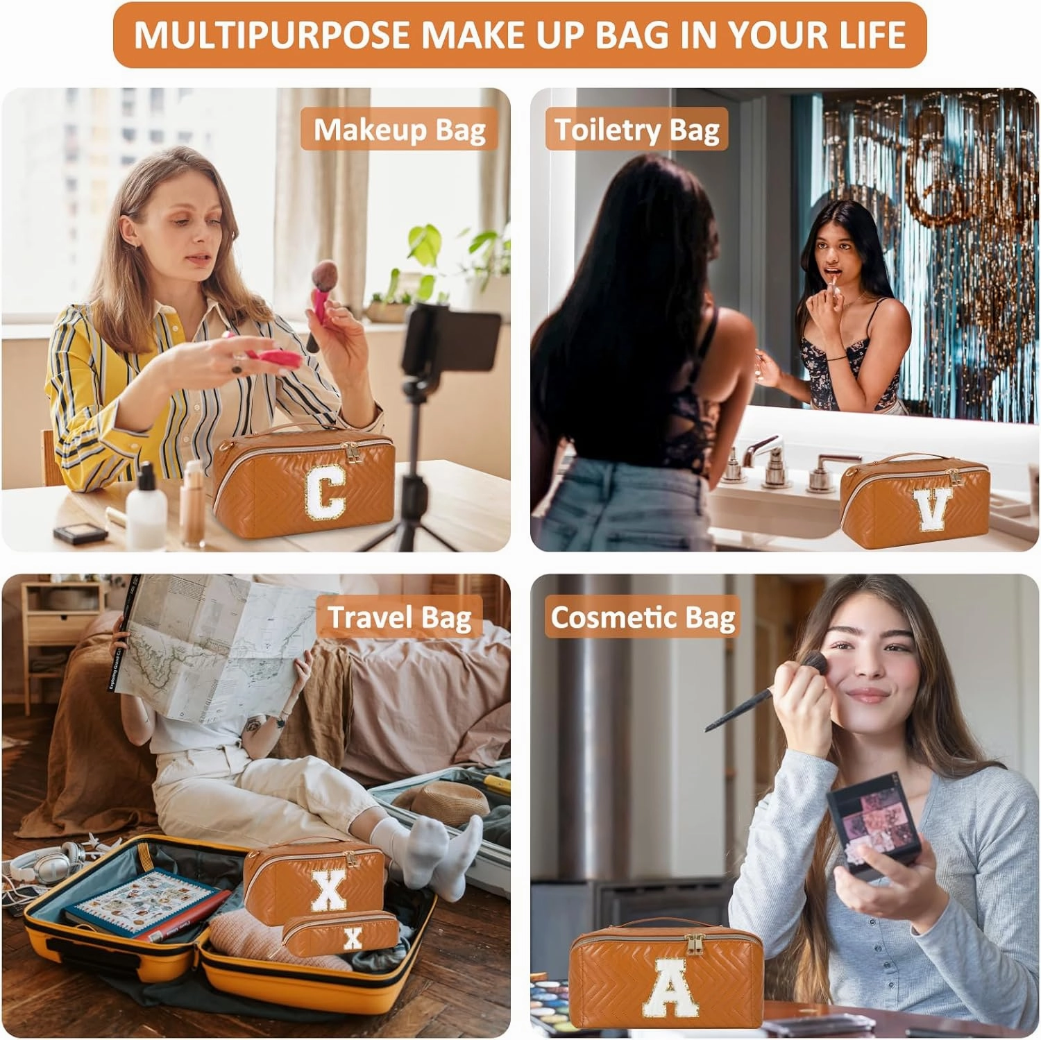 2Pcs Initial Makeup Bags for Women - Waterproof PU Leather Cosmetic Organizer, Large Capacity Open Flat Travel Set with Dividers & Handle, Personalized Birthday & festival Gift (Brown, A)