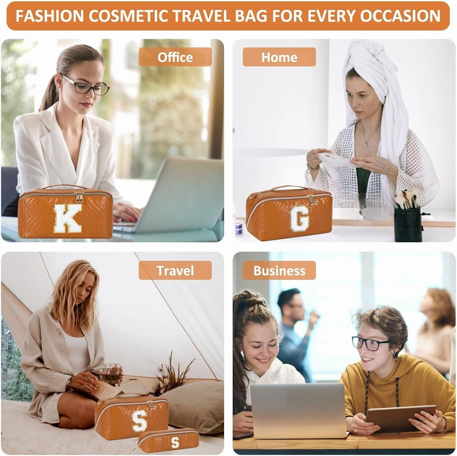 2Pcs Initial Makeup Bags for Women - Waterproof PU Leather Cosmetic Organizer, Large Capacity Open Flat Travel Set with Dividers & Handle, Personalized Birthday & festival Gift (Brown, A)