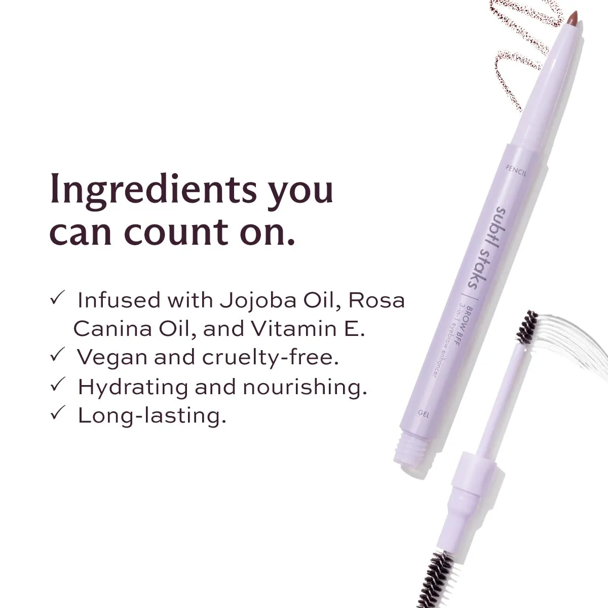 3-in-1 Brow Pencil Subtl Staks- Vegan, Smudge-Proof, with Spoolie Brush and Clear Gel - Best Eyebrow Pencil for Fluffing, Filling, and Setting Brows, Auburn