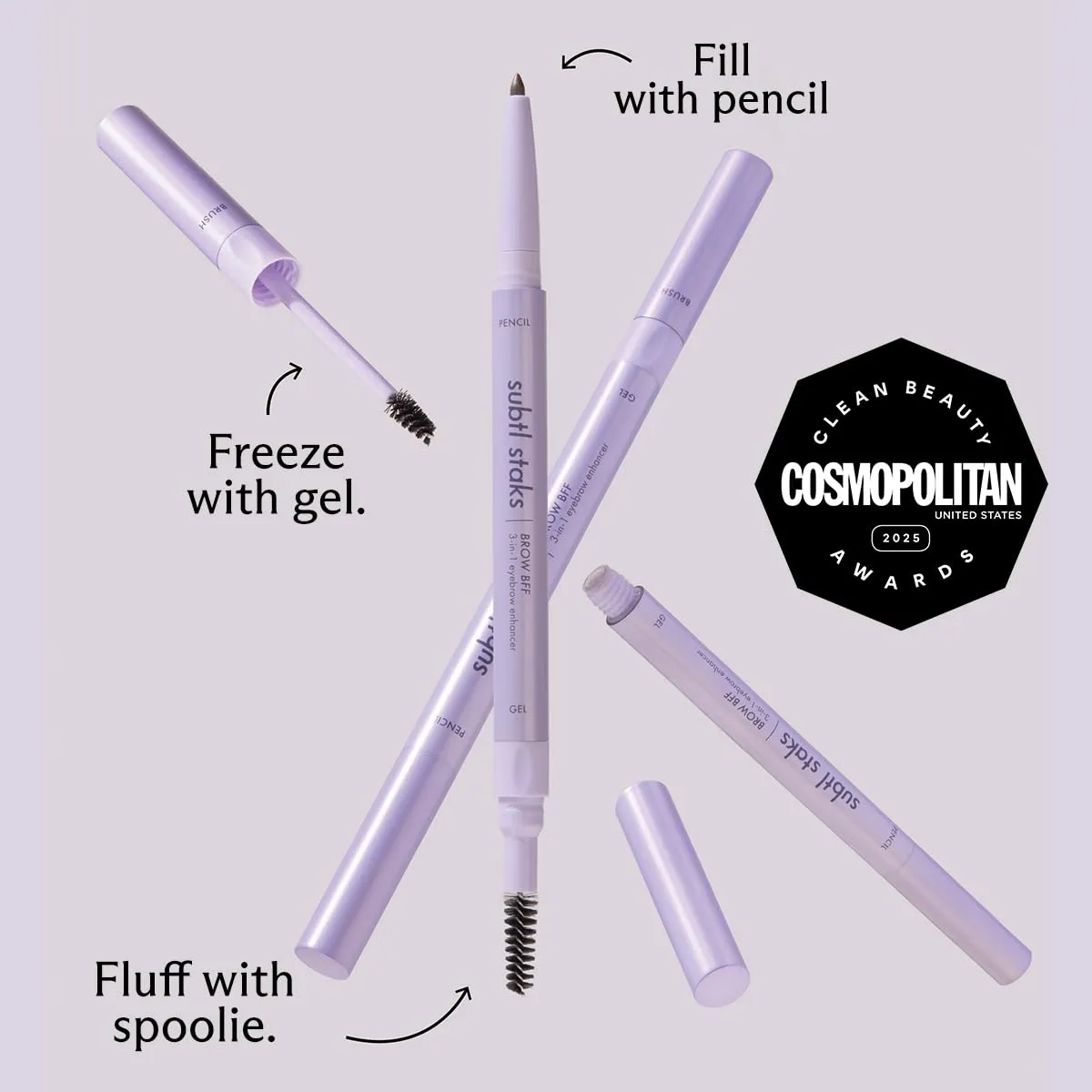 3-in-1 Brow Pencil Subtl Staks- Vegan, Smudge-Proof, with Spoolie Brush and Clear Gel - Best Eyebrow Pencil for Fluffing, Filling, and Setting Brows, Auburn