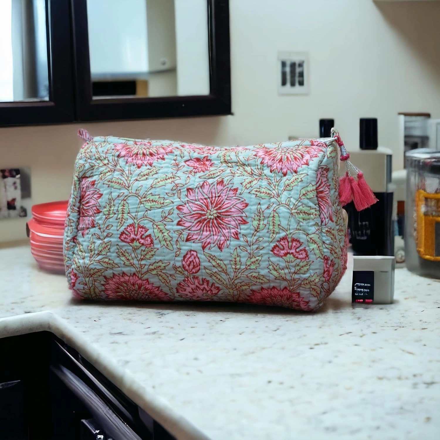 3 Pieces Block Printed Travel Organizer Kit Storage Bag for Women Makeup Bag Travel Cosmetic Bag (DESIGN 3)