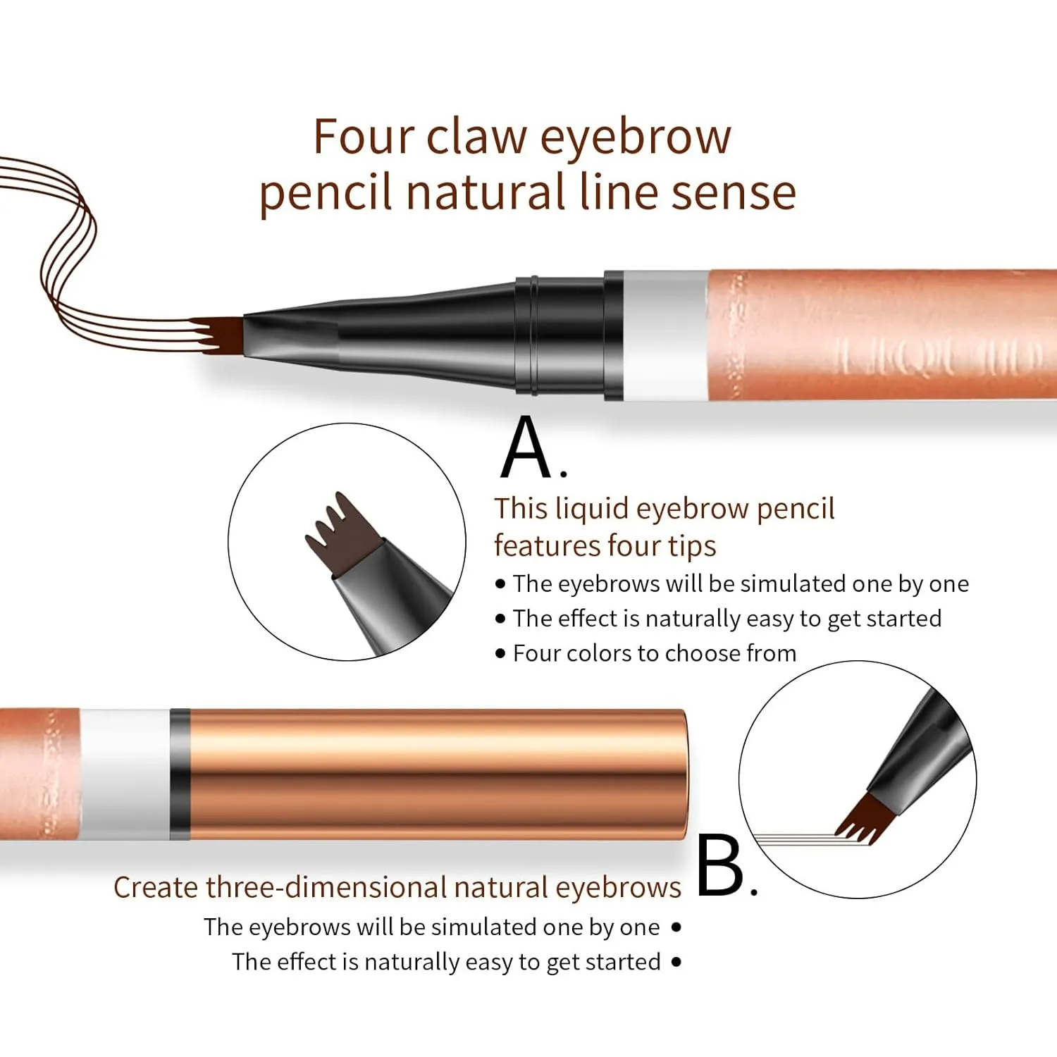 4-Tip Eyebrow Pen, 6 Colors Waterproof Long-Lasting Brow Pencil, Professional Makeup Tool (2#Dark Brown)