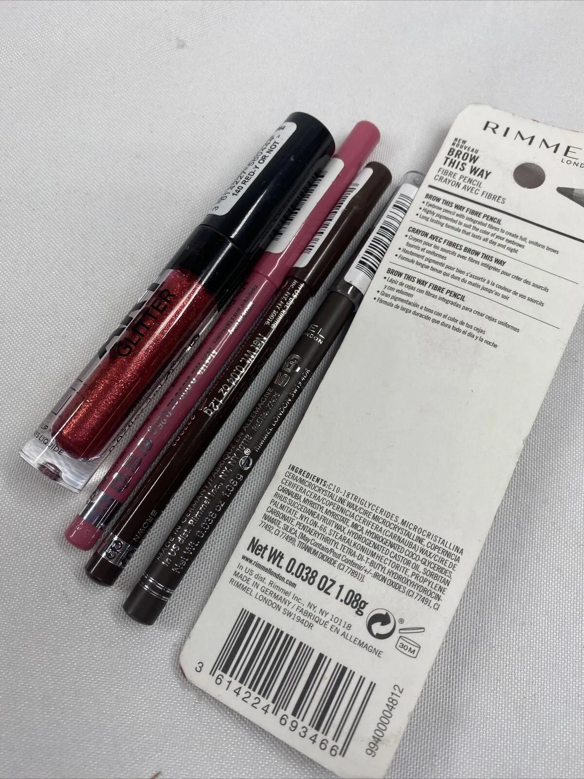 (5) Rimmel 002 Medium Brown Brow Lip Lot  Pencil Liner Glitter Exaggerate Kohl