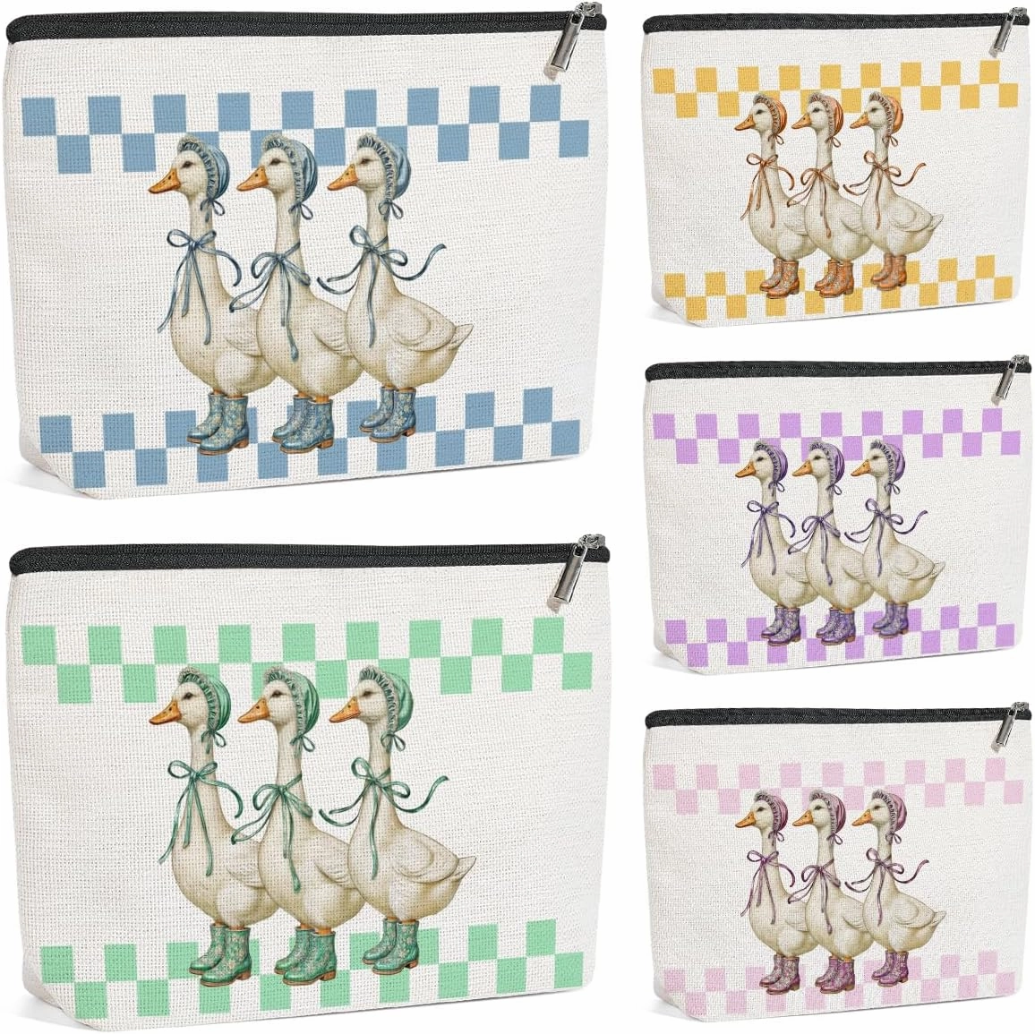 5 Pack Checkered Cute Bow Animal Goose Decor Lovers Gift Goose Gifts Makeup Bag, Cosmetic Bags for Women Grandma Nurse Coworker Boss Nurse Travel Toiletry Bag Christmas Graduation Birthday Nurse Day