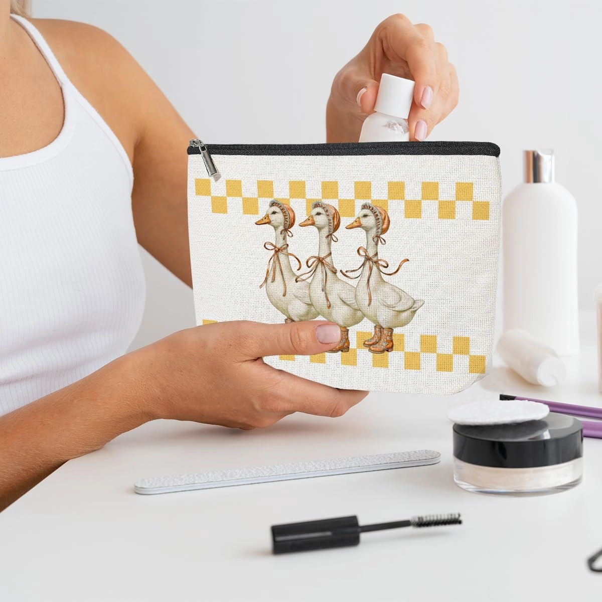 5 Pack Checkered Cute Bow Animal Goose Decor Lovers Gift Goose Gifts Makeup Bag, Cosmetic Bags for Women Grandma Nurse Coworker Boss Nurse Travel Toiletry Bag Christmas Graduation Birthday Nurse Day
