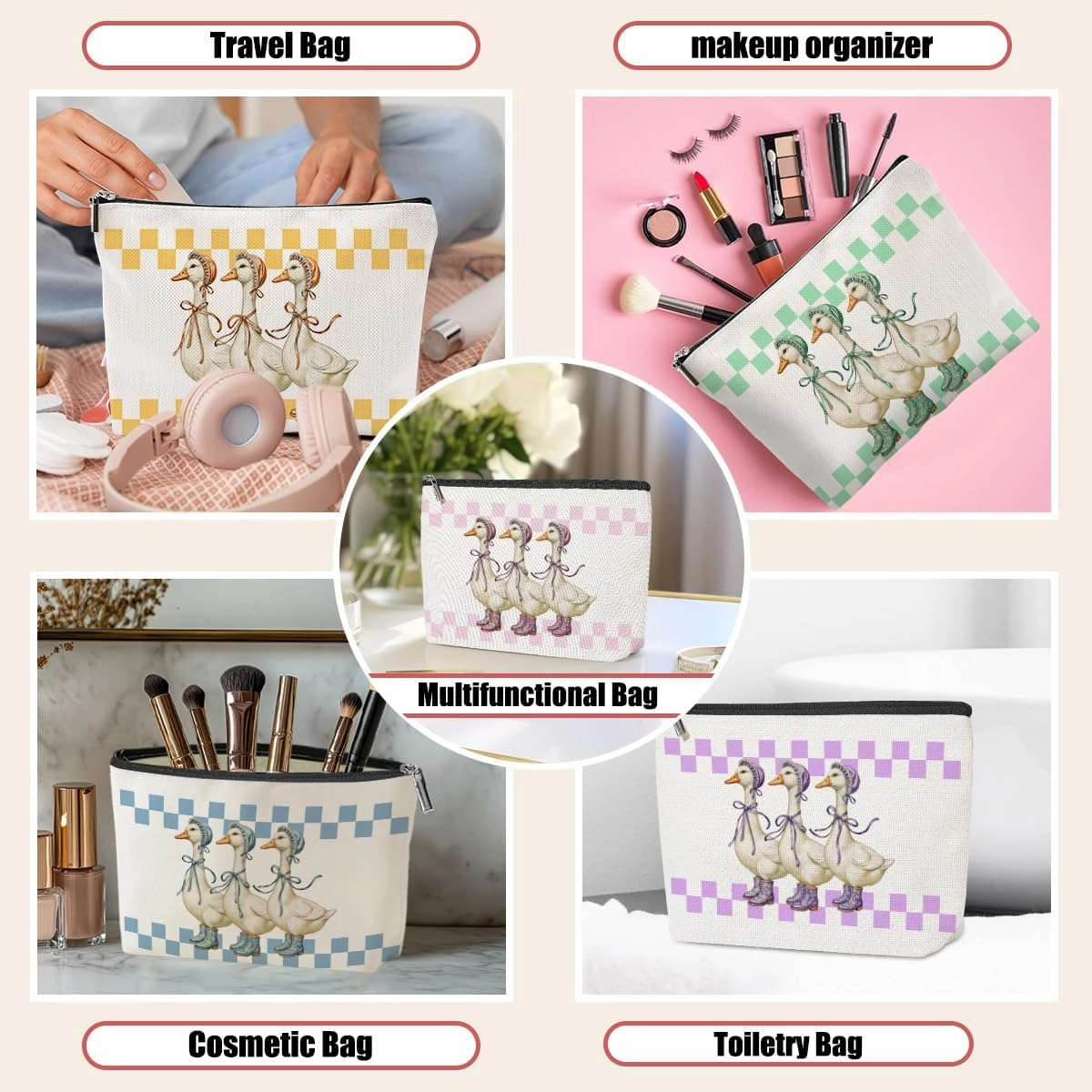 5 Pack Checkered Cute Bow Animal Goose Decor Lovers Gift Goose Gifts Makeup Bag, Cosmetic Bags for Women Grandma Nurse Coworker Boss Nurse Travel Toiletry Bag Christmas Graduation Birthday Nurse Day