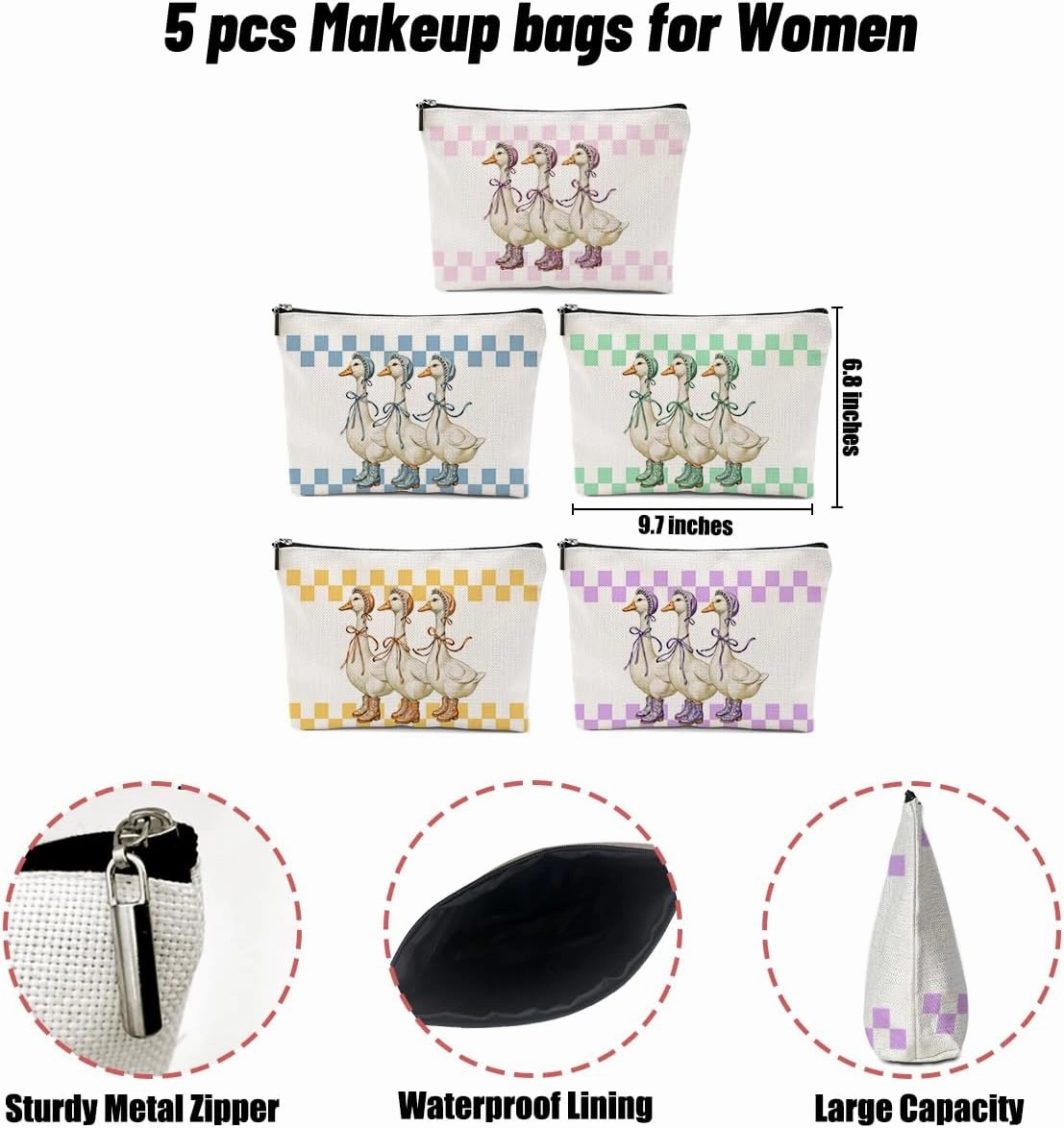 5 Pack Checkered Cute Bow Animal Goose Decor Lovers Gift Goose Gifts Makeup Bag, Cosmetic Bags for Women Grandma Nurse Coworker Boss Nurse Travel Toiletry Bag Christmas Graduation Birthday Nurse Day