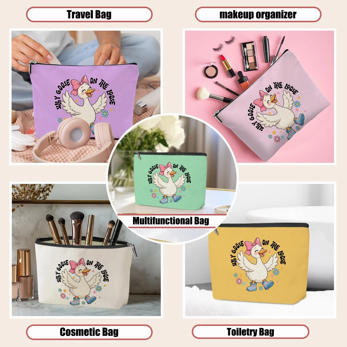 5 Pack Cute Funny Goose Decor Lovers Gift Goose Gifts Makeup Bag, Cosmetic Bags for Women, Mom, Best Friend, Sister Girls Bachelorette Party Travel Toiletry Bag Friendship Birthday Christmas