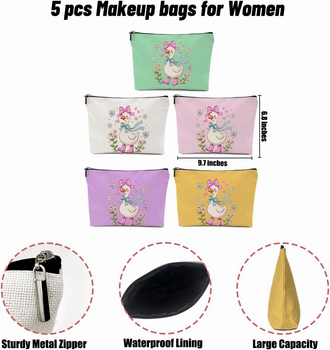 5 Pack Floral Coquette Cute Bow Animal Goose Decor Lovers Gift Goose Gifts Makeup Bag, Travel Cosmetic Bags for Women, Mom Sister Bestie Doctor Toiletry Bag Birthday Christmas Appreciation Graduation