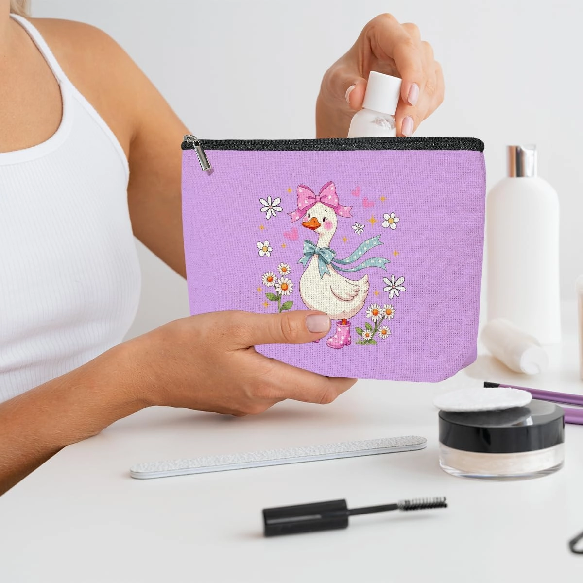 5 Pack Floral Coquette Cute Bow Animal Goose Decor Lovers Gift Goose Gifts Makeup Bag, Travel Cosmetic Bags for Women, Mom Sister Bestie Doctor Toiletry Bag Birthday Christmas Appreciation Graduation