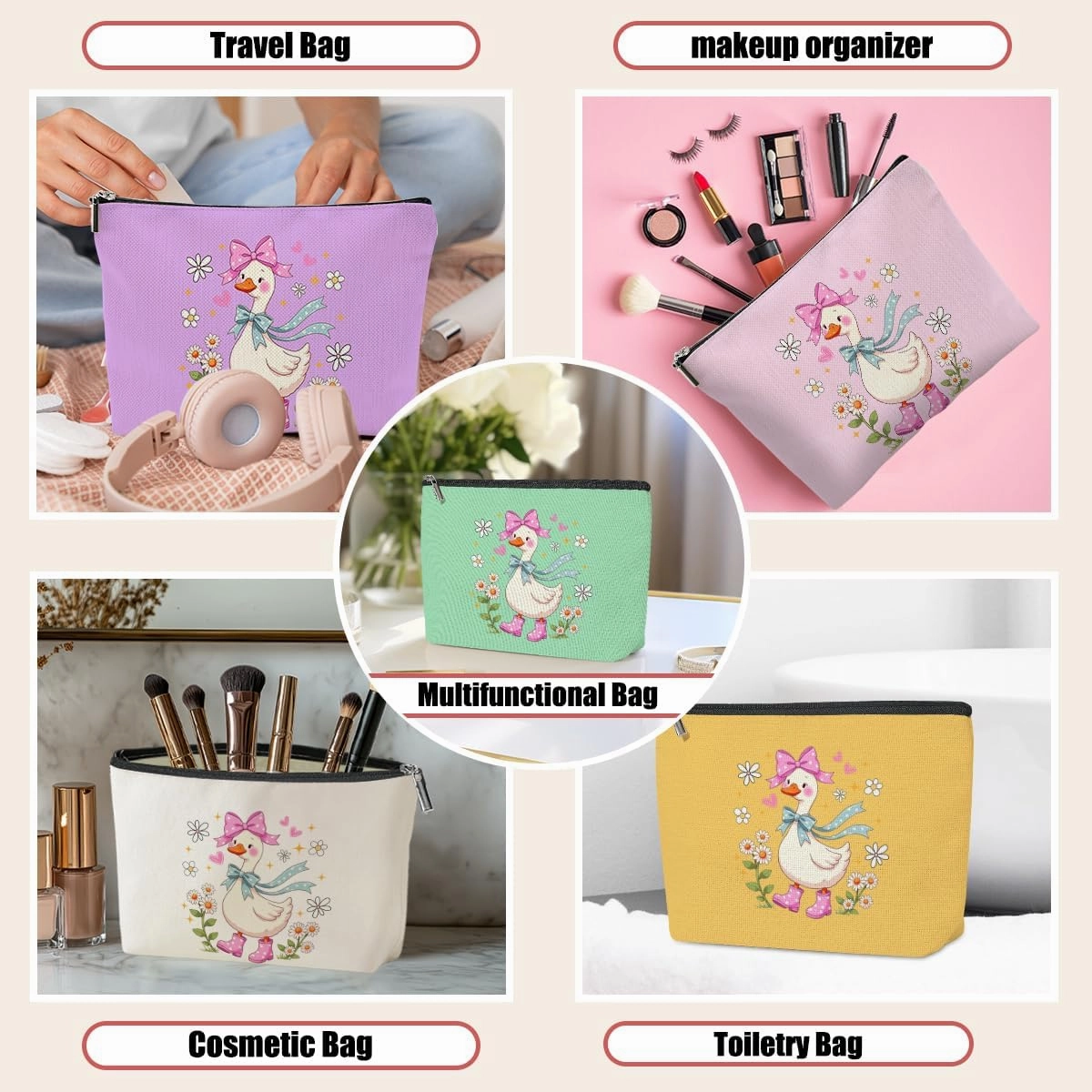 5 Pack Floral Coquette Cute Bow Animal Goose Decor Lovers Gift Goose Gifts Makeup Bag, Travel Cosmetic Bags for Women, Mom Sister Bestie Doctor Toiletry Bag Birthday Christmas Appreciation Graduation