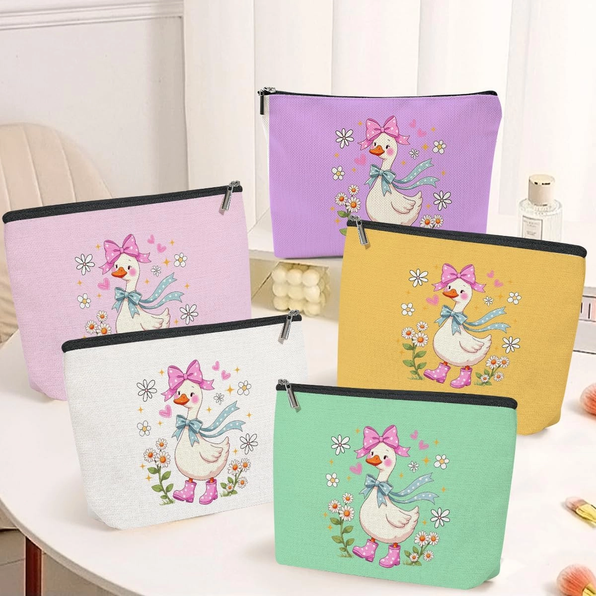 5 Pack Floral Coquette Cute Bow Animal Goose Decor Lovers Gift Goose Gifts Makeup Bag, Travel Cosmetic Bags for Women, Mom Sister Bestie Doctor Toiletry Bag Birthday Christmas Appreciation Graduation