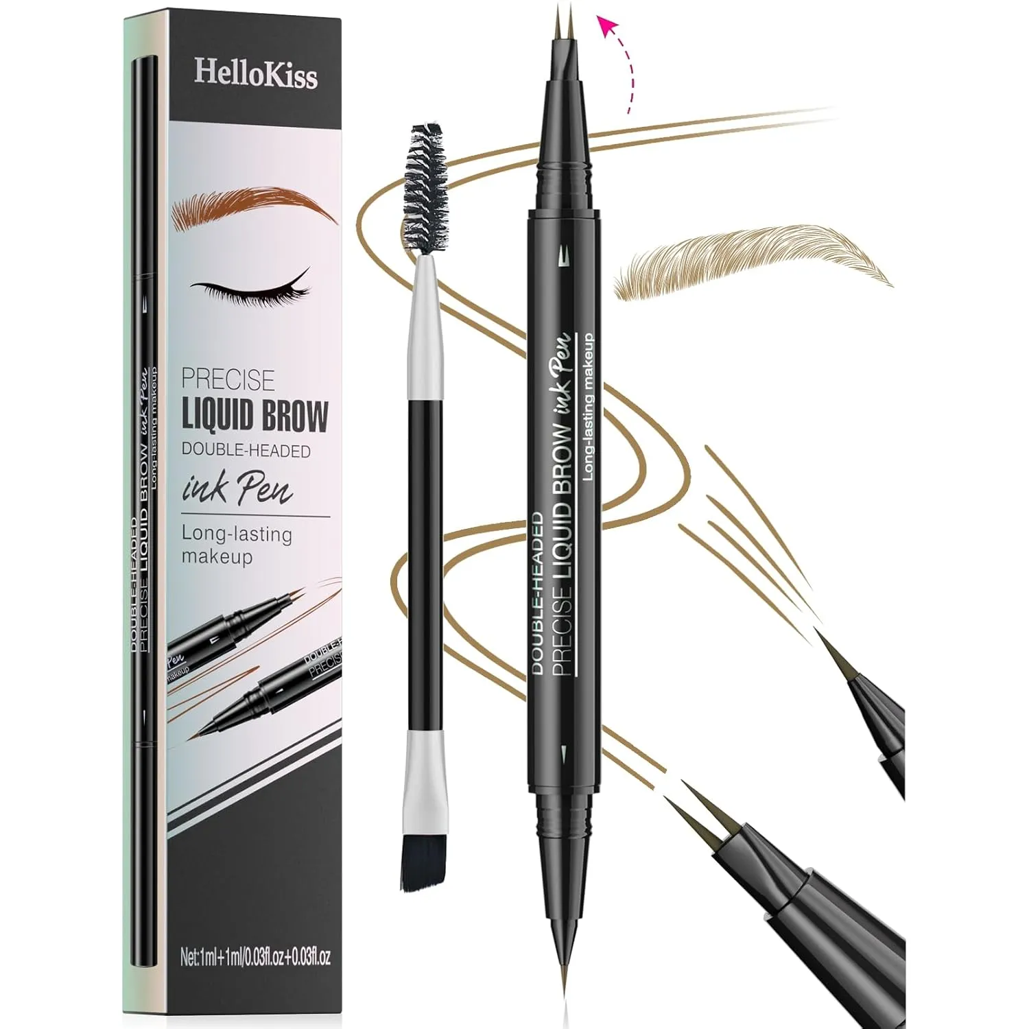 9708 2-Tip Double-Ended Eyebrow Pen, 2-in-1, with Eyebrow Brush. Waterproof and Sweat Proof,Precise Liquid Brow, 5 Shades, Long-Lasting (1#Light Brown)