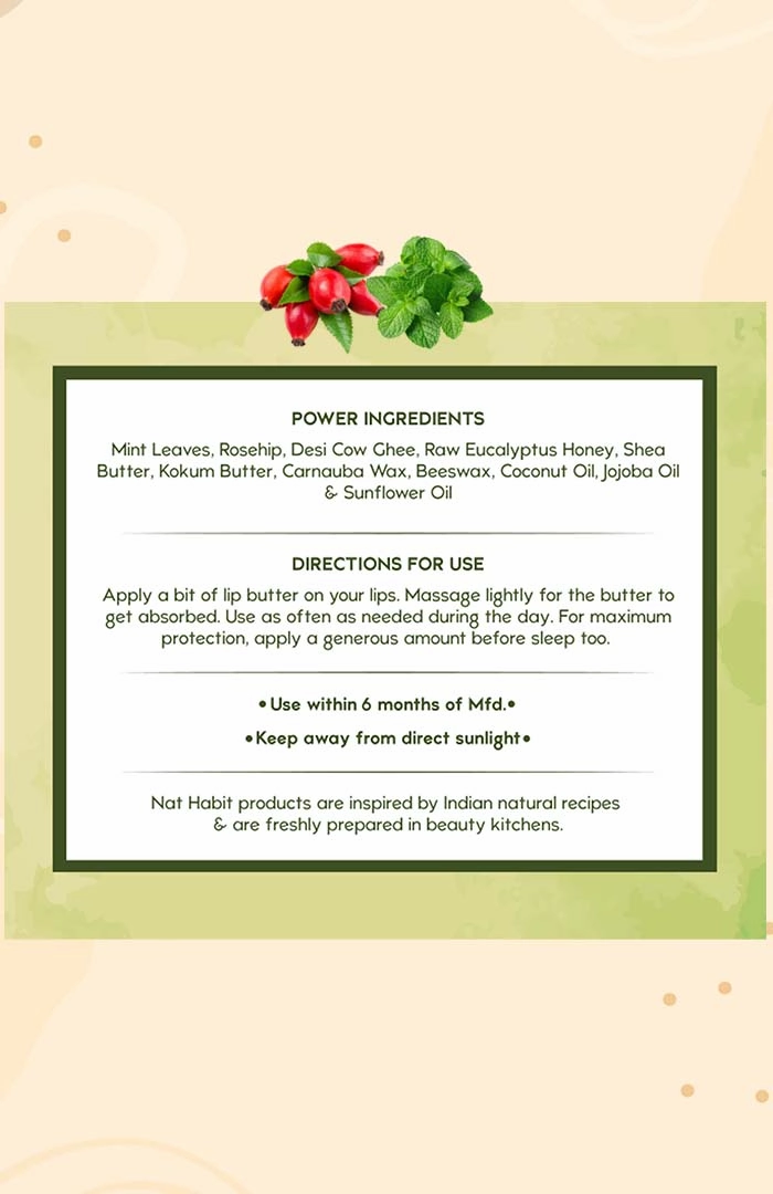 <strong>Mint Rosehip Lip Butter 10g</strong> <br><i>with Fresh Mint Leaves, Rosehip,<br>Desi Ghee & Raw Honey</i>