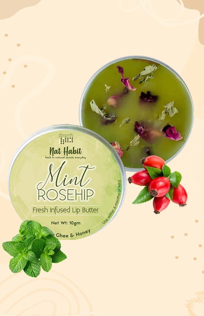 <strong>Mint Rosehip Lip Butter 10g</strong> <br><i>with Fresh Mint Leaves, Rosehip,<br>Desi Ghee & Raw Honey</i>