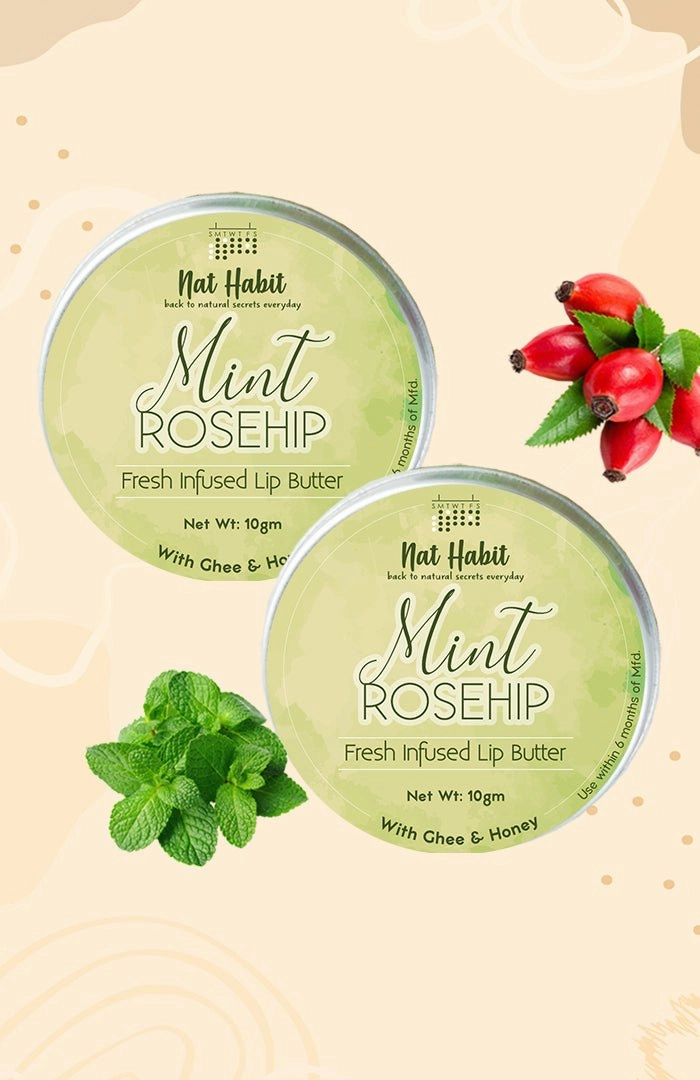 <strong>Mint Rosehip Lip Butter 10g</strong> <br><i>with Fresh Mint Leaves, Rosehip,<br>Desi Ghee & Raw Honey</i>
