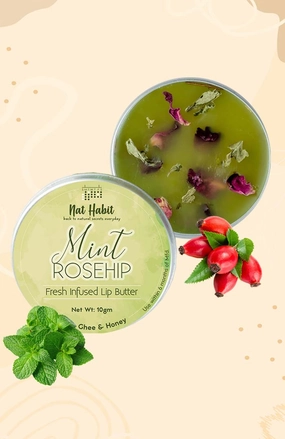 <strong>Mint Rosehip Lip Butter 10g</strong> <br><i>with Fresh Mint Leaves, Rosehip,<br>Desi Ghee & Raw Honey</i>