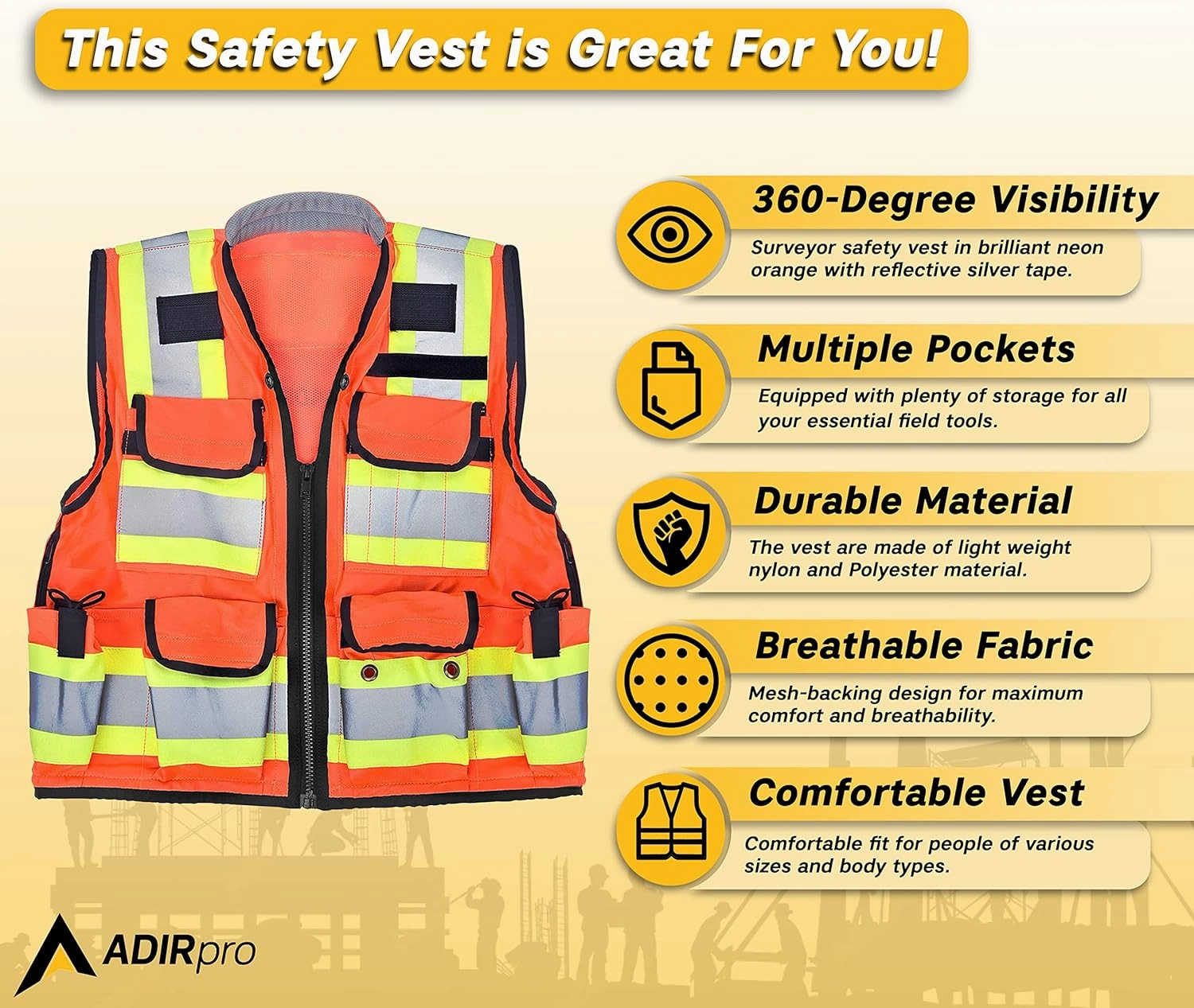AdirPro Surveyor Safety Vest with Pockets - High visibility Reflective Construction Vest
