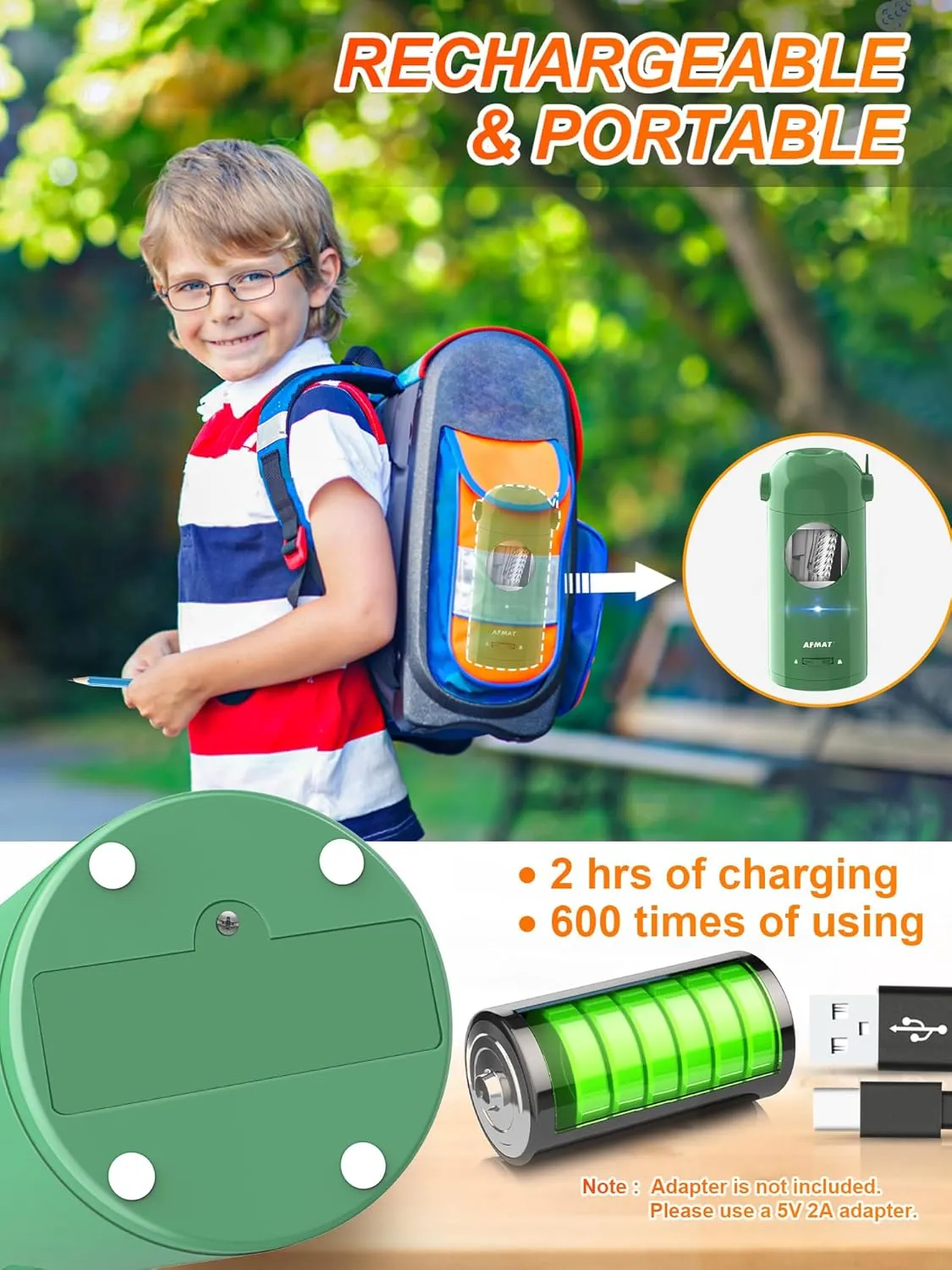 AFMAT Electric Pencil Sharpener for Colored Pencils 7-11.5mm, Fully Automatic Pencil Sharpener, Auto in & Out, Rechargeable Hands-Free for Large Pencils, Green