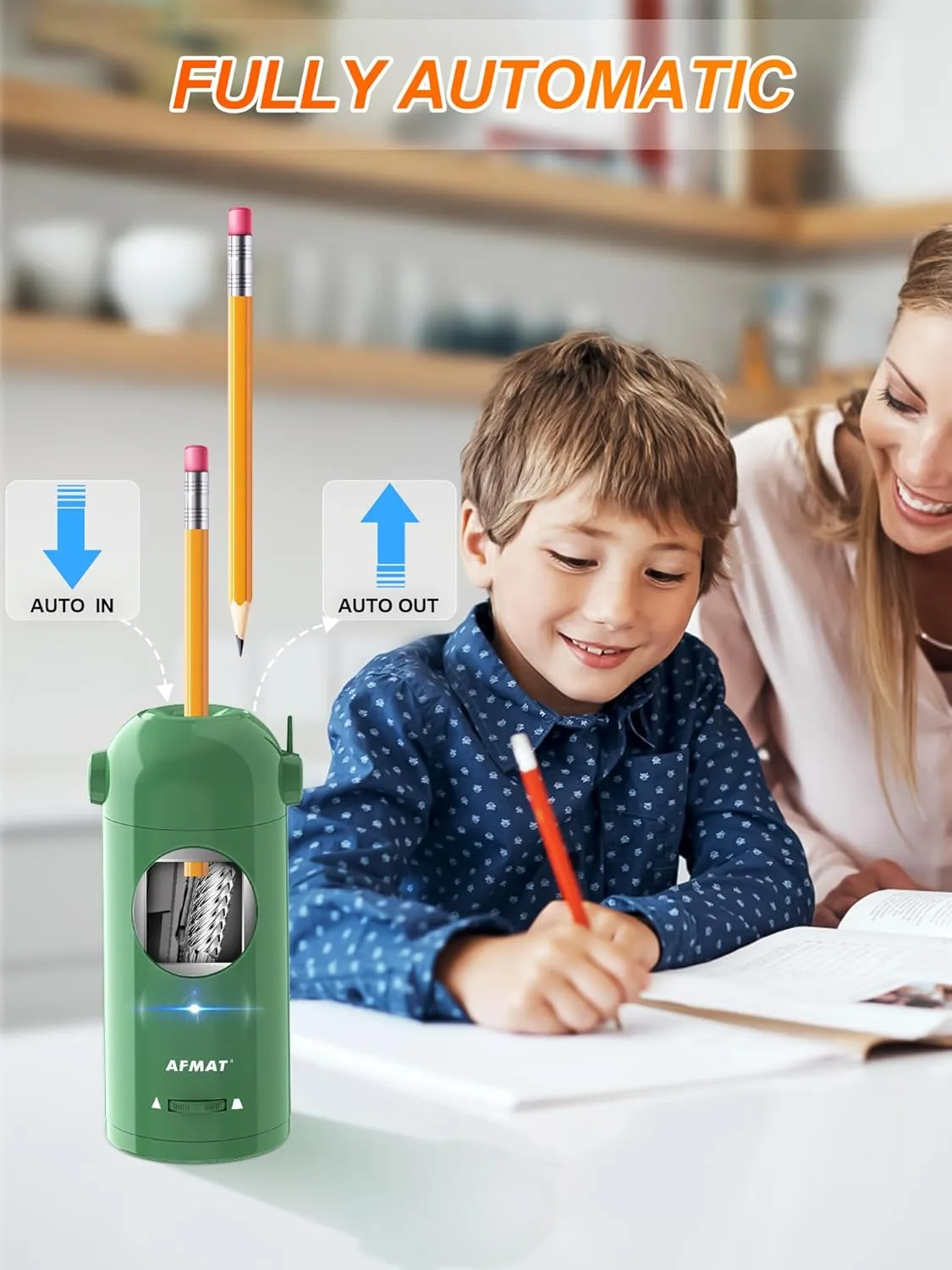 AFMAT Electric Pencil Sharpener for Colored Pencils 7-11.5mm, Fully Automatic Pencil Sharpener, Auto in & Out, Rechargeable Hands-Free for Large Pencils, Green