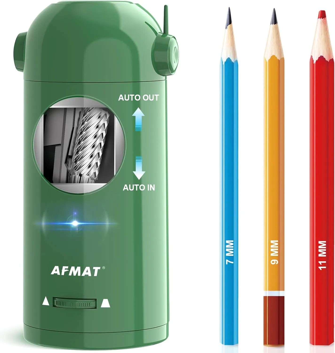 AFMAT Electric Pencil Sharpener for Colored Pencils 7-11.5mm, Fully Automatic Pencil Sharpener, Auto in & Out, Rechargeable Hands-Free for Large Pencils, Green